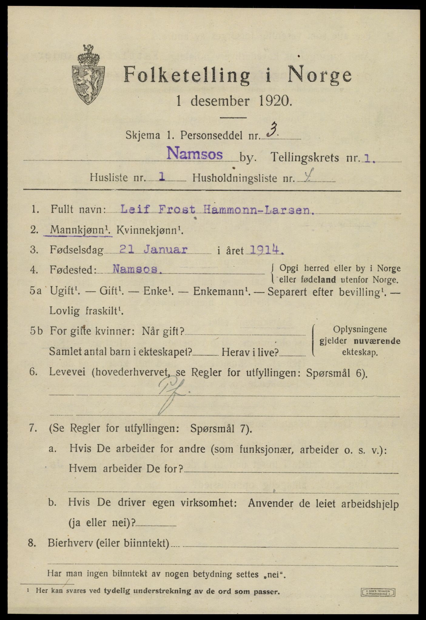 SAT, Folketelling 1920 for 1703 Namsos ladested, 1920, s. 2039
