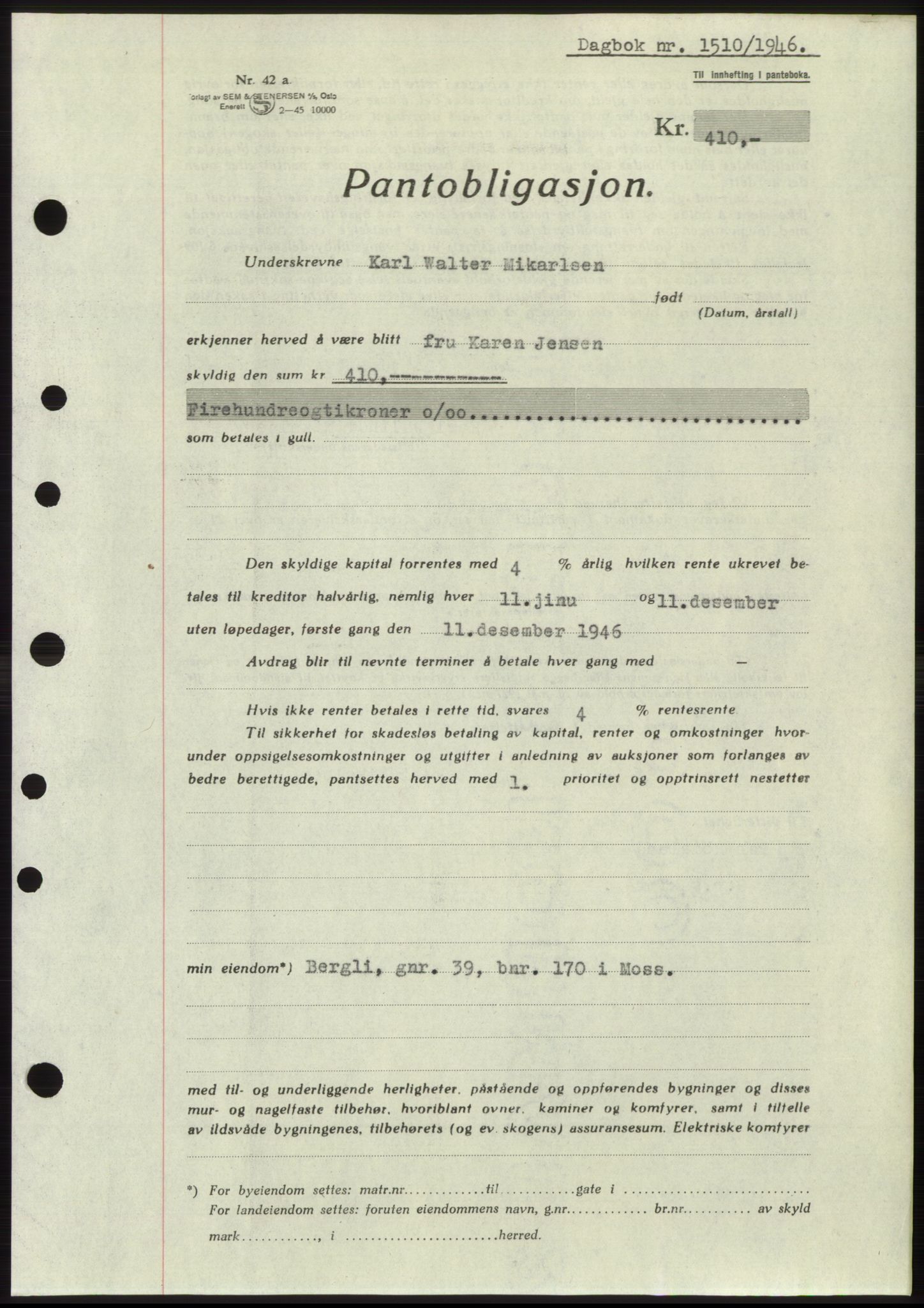 Moss sorenskriveri, SAO/A-10168: Pantebok nr. B15, 1946-1946, Dagboknr: 1510/1946