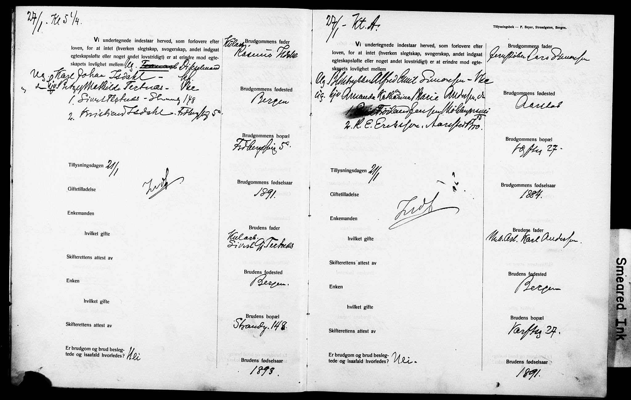Nykirken Sokneprestembete, SAB/A-77101: Forlovererklæringer nr. II.5.6, 1912-1914, s. 3