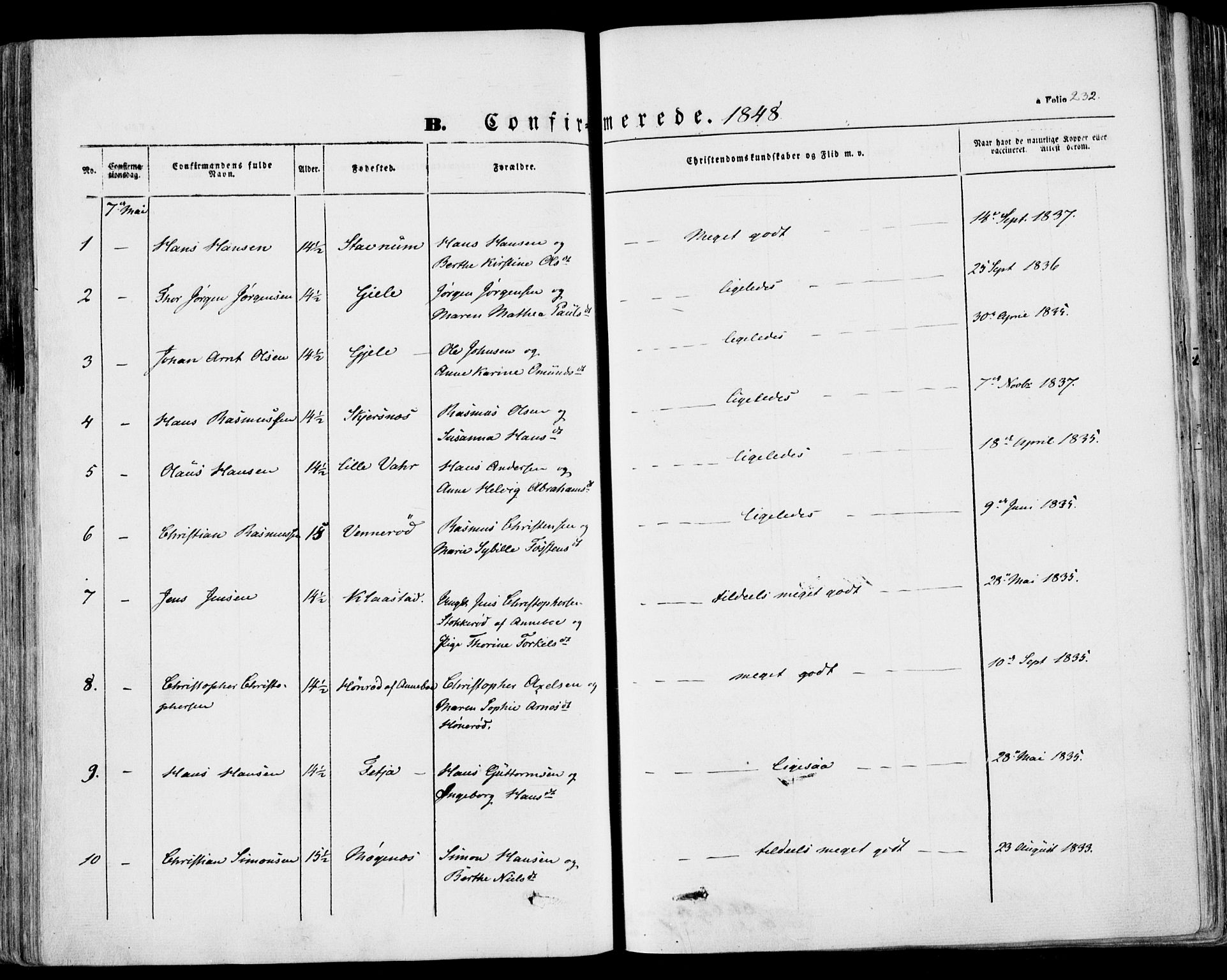 Stokke kirkebøker, AV/SAKO-A-320/F/Fa/L0007: Ministerialbok nr. I 7, 1844-1857, s. 232