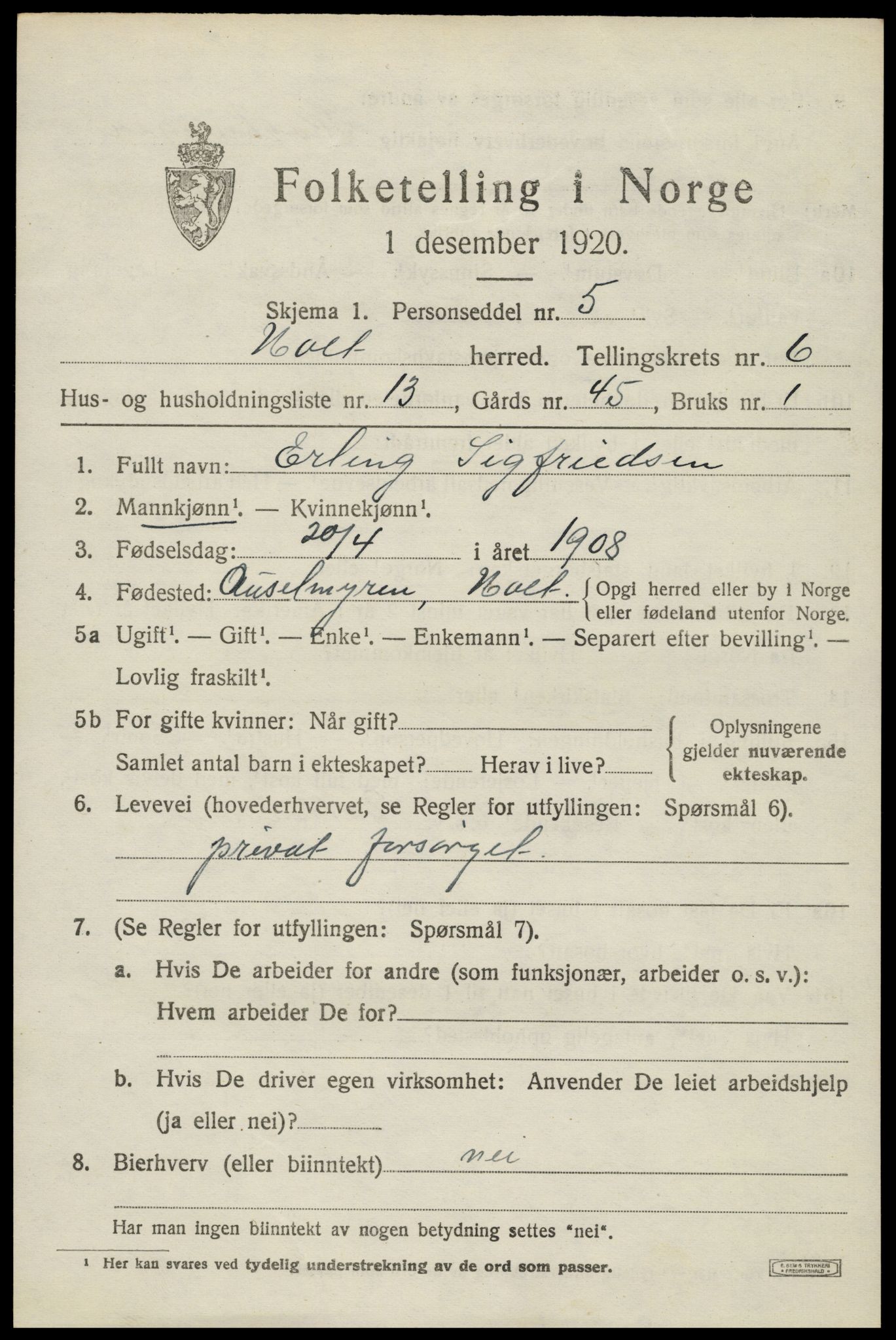 SAK, Folketelling 1920 for 0914 Holt herred, 1920, s. 3904