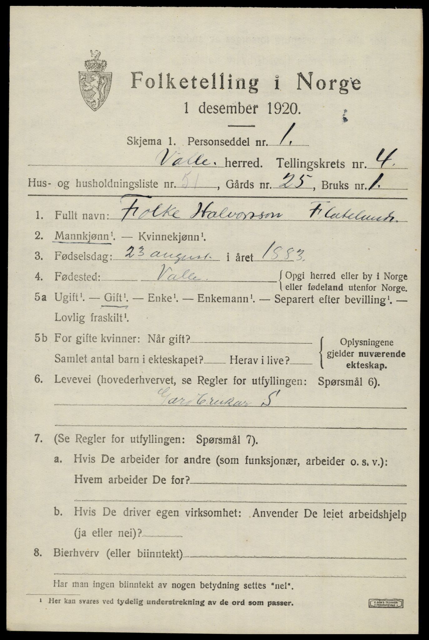 SAK, Folketelling 1920 for 0940 Valle herred, 1920, s. 2533