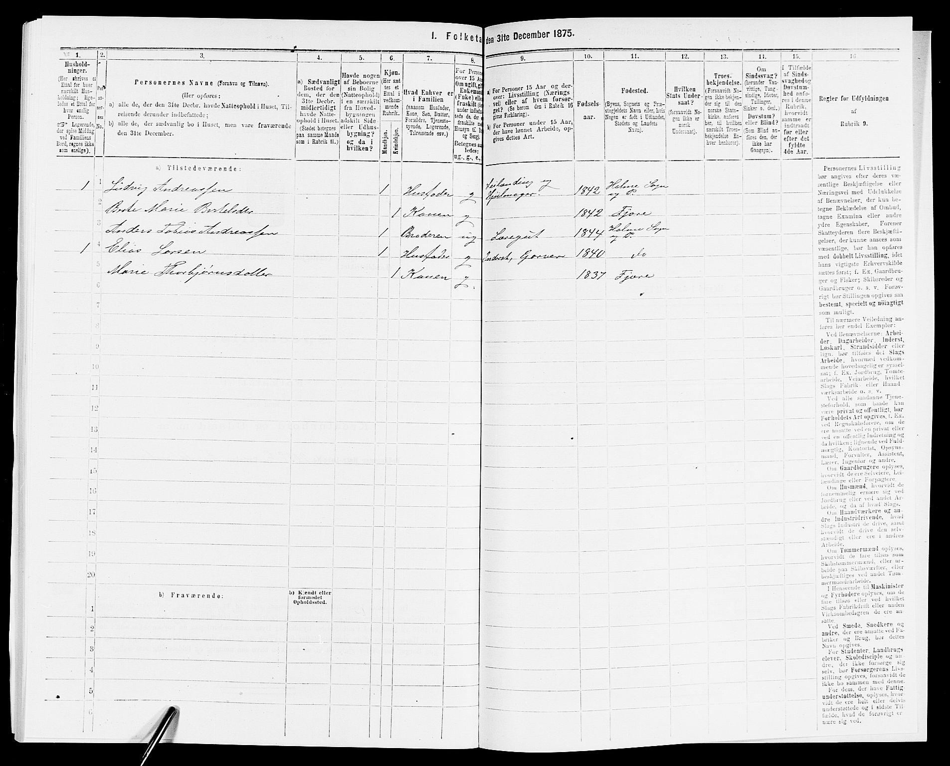 SAK, Folketelling 1875 for 0923L Fjære prestegjeld, Fjære sokn, 1875, s. 379