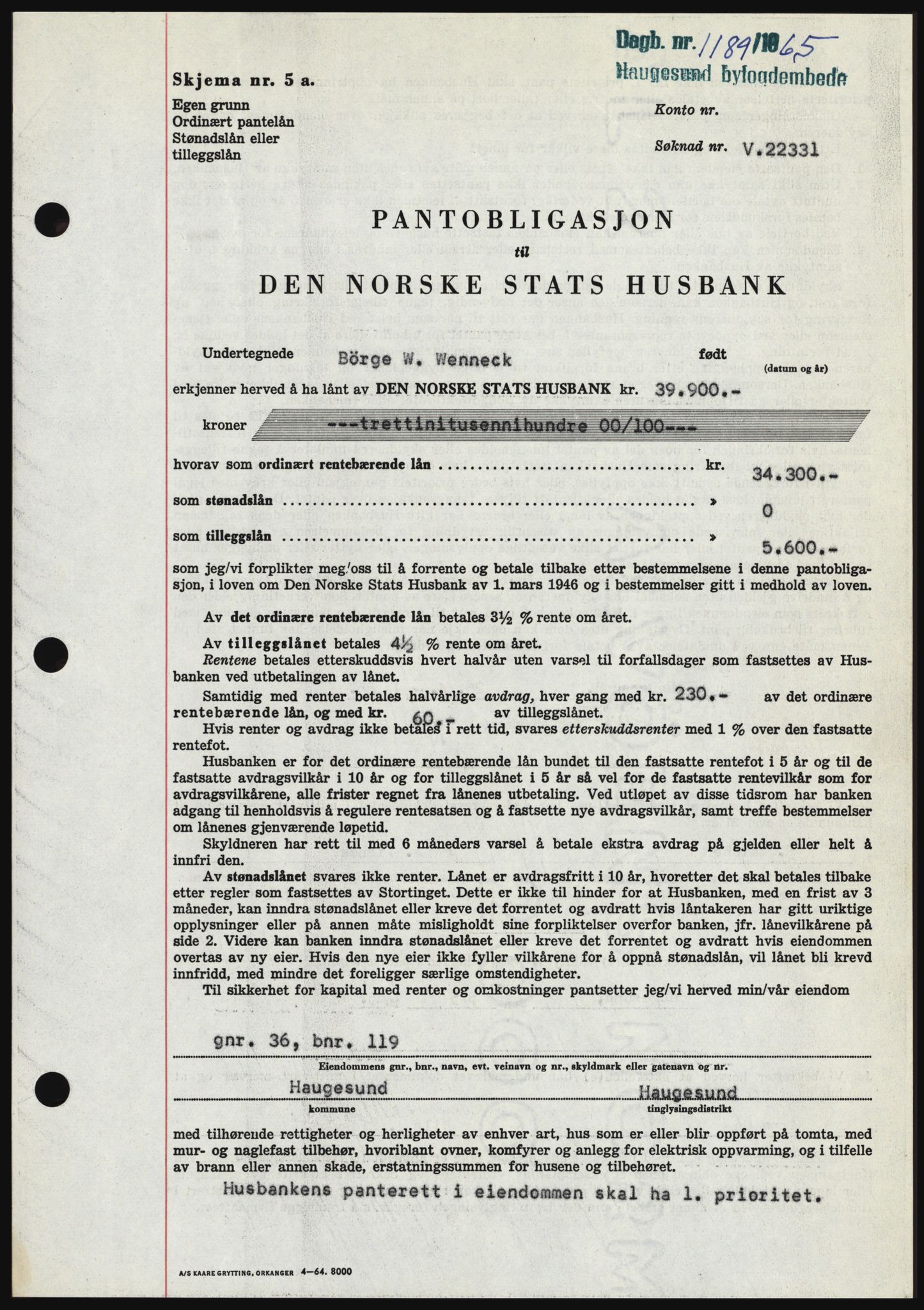 Haugesund tingrett, SAST/A-101415/01/II/IIC/L0053: Pantebok nr. B 53, 1965-1965, Dagboknr: 1189/1965