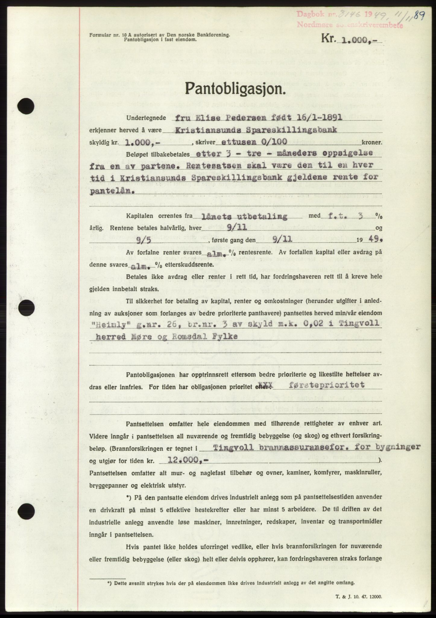 Nordmøre sorenskriveri, SAT/A-4132/1/2/2Ca: Pantebok nr. B103, 1949-1950, Dagboknr: 3146/1949