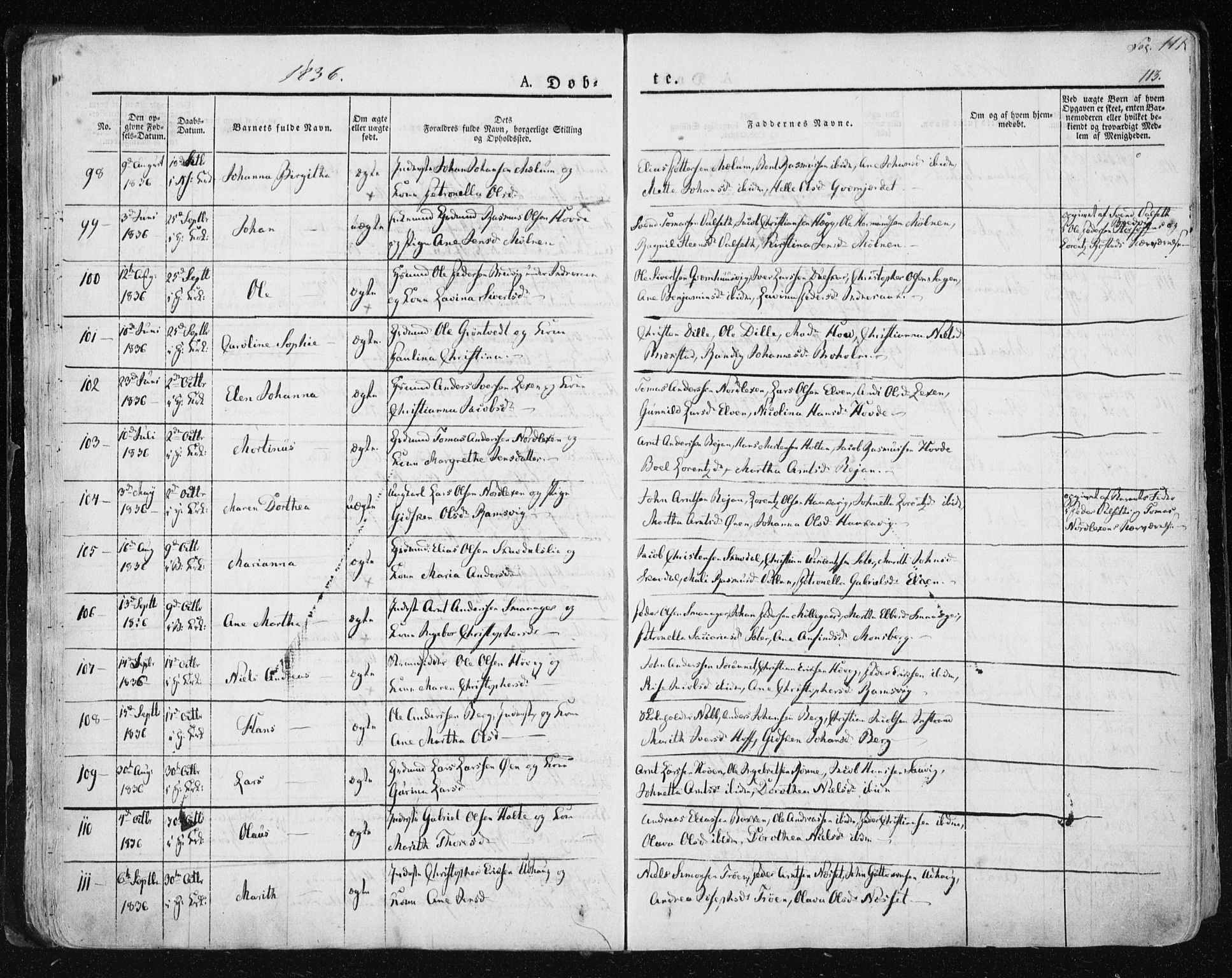 Ministerialprotokoller, klokkerbøker og fødselsregistre - Sør-Trøndelag, SAT/A-1456/659/L0735: Ministerialbok nr. 659A05, 1826-1841, s. 111