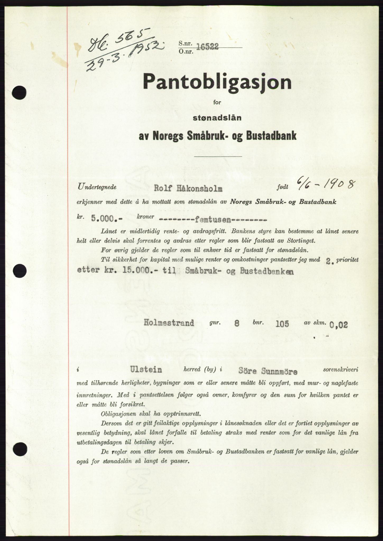 Søre Sunnmøre sorenskriveri, AV/SAT-A-4122/1/2/2C/L0121: Pantebok nr. 9B, 1951-1952, Dagboknr: 565/1952