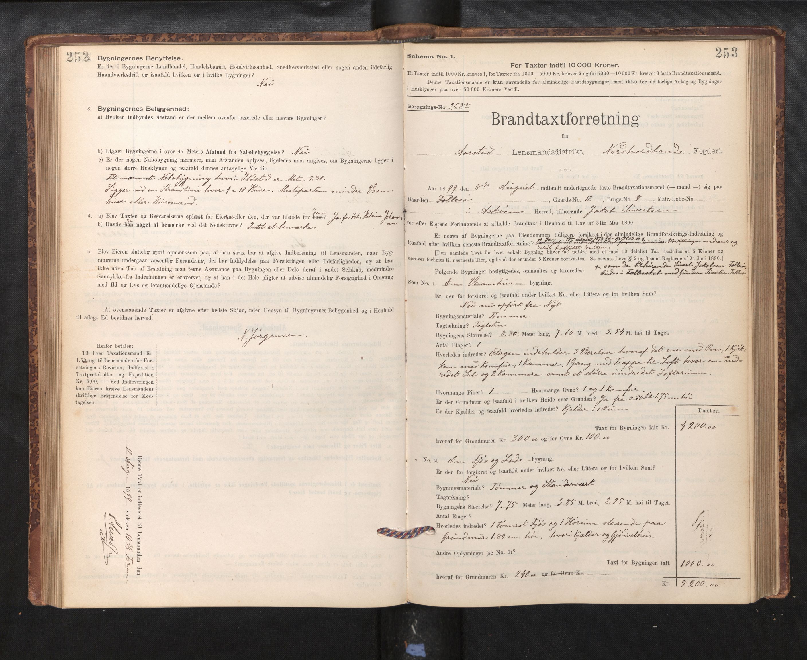 Lensmannen i Årstad, AV/SAB-A-36201/0012/L0011: Branntakstprotokoll,skjematakst, 1895-1901, s. 252-253