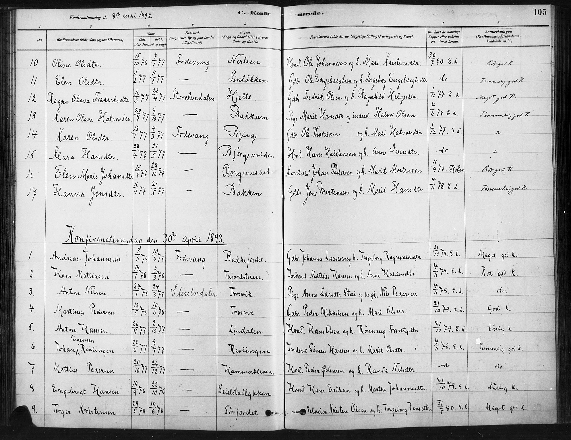 Ringebu prestekontor, AV/SAH-PREST-082/H/Ha/Haa/L0009: Ministerialbok nr. 9, 1878-1898, s. 105