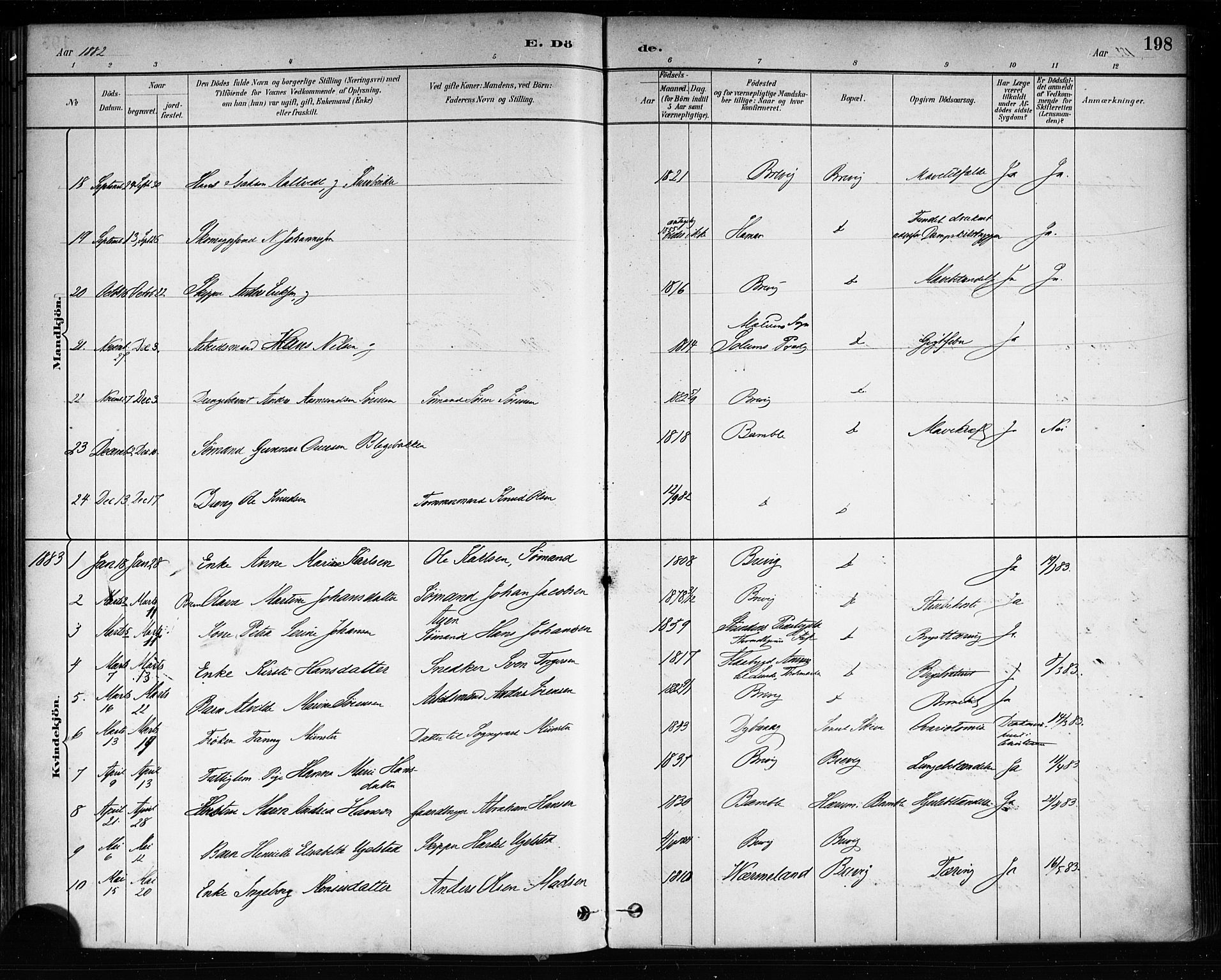 Brevik kirkebøker, AV/SAKO-A-255/F/Fa/L0007: Ministerialbok nr. 7, 1882-1900, s. 198