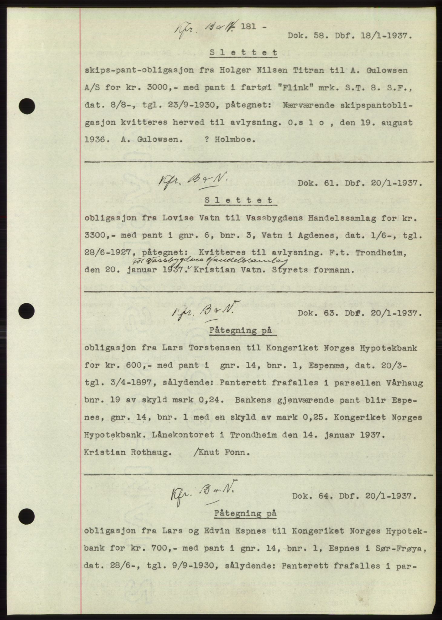 Hitra sorenskriveri, AV/SAT-A-0018/2/2C/2Ca: Pantebok nr. C1, 1936-1945, Dagboknr: 58/1937