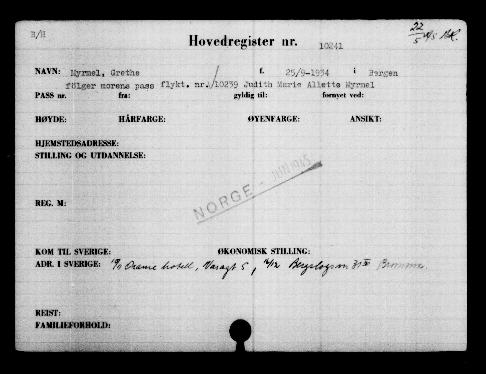 Utenriksstasjonene, Legasjonen i Stockholm, Flyktningkontoret, AV/RA-S-6753/V/Va/L0006: Kjesäterkartoteket, flyktninger med registreringsnr. 9400-12711, 1940-1945, s. 969