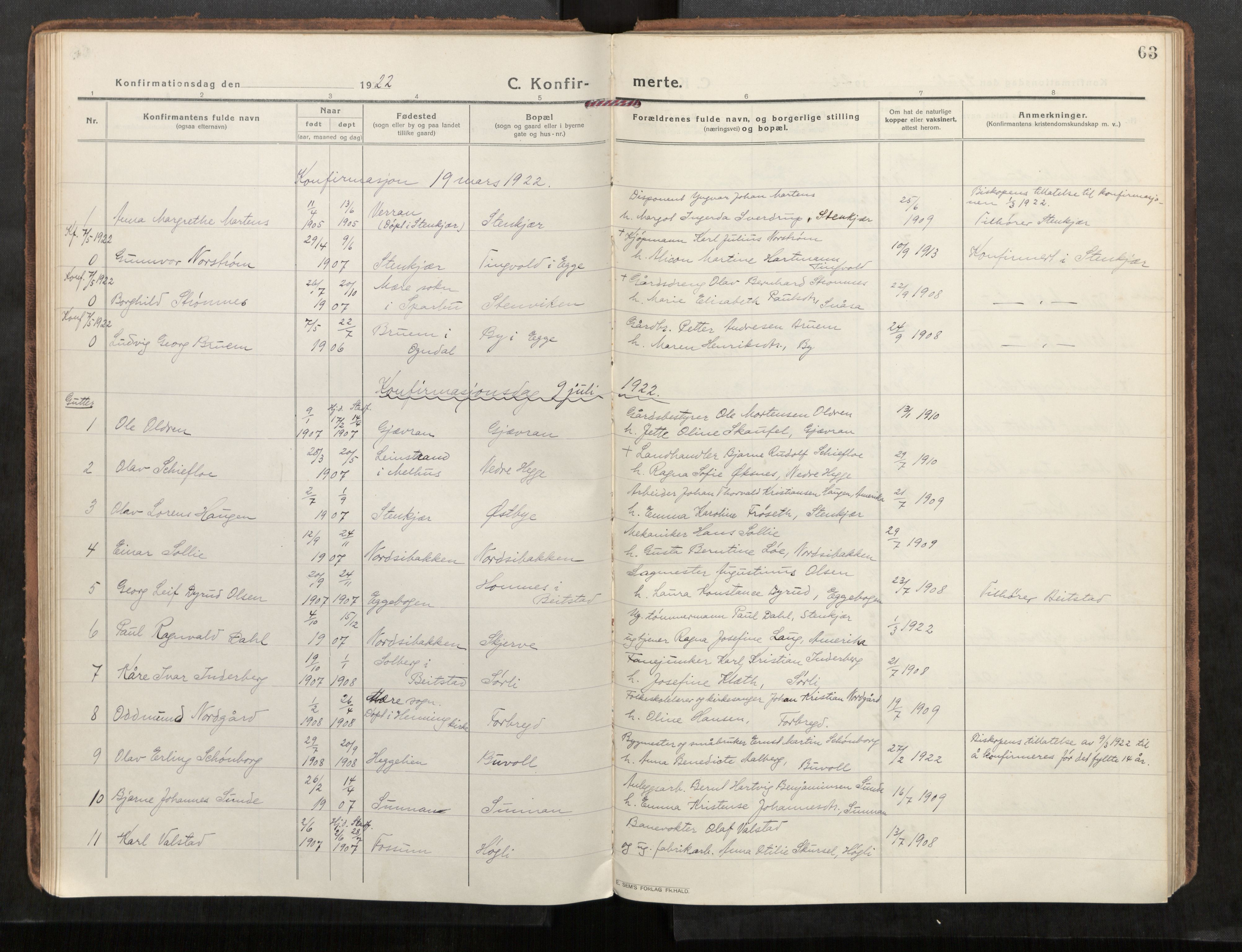 Steinkjer sokneprestkontor, AV/SAT-A-1541/01/H/Ha/Haa/L0004: Ministerialbok nr. 4, 1918-1924, s. 63