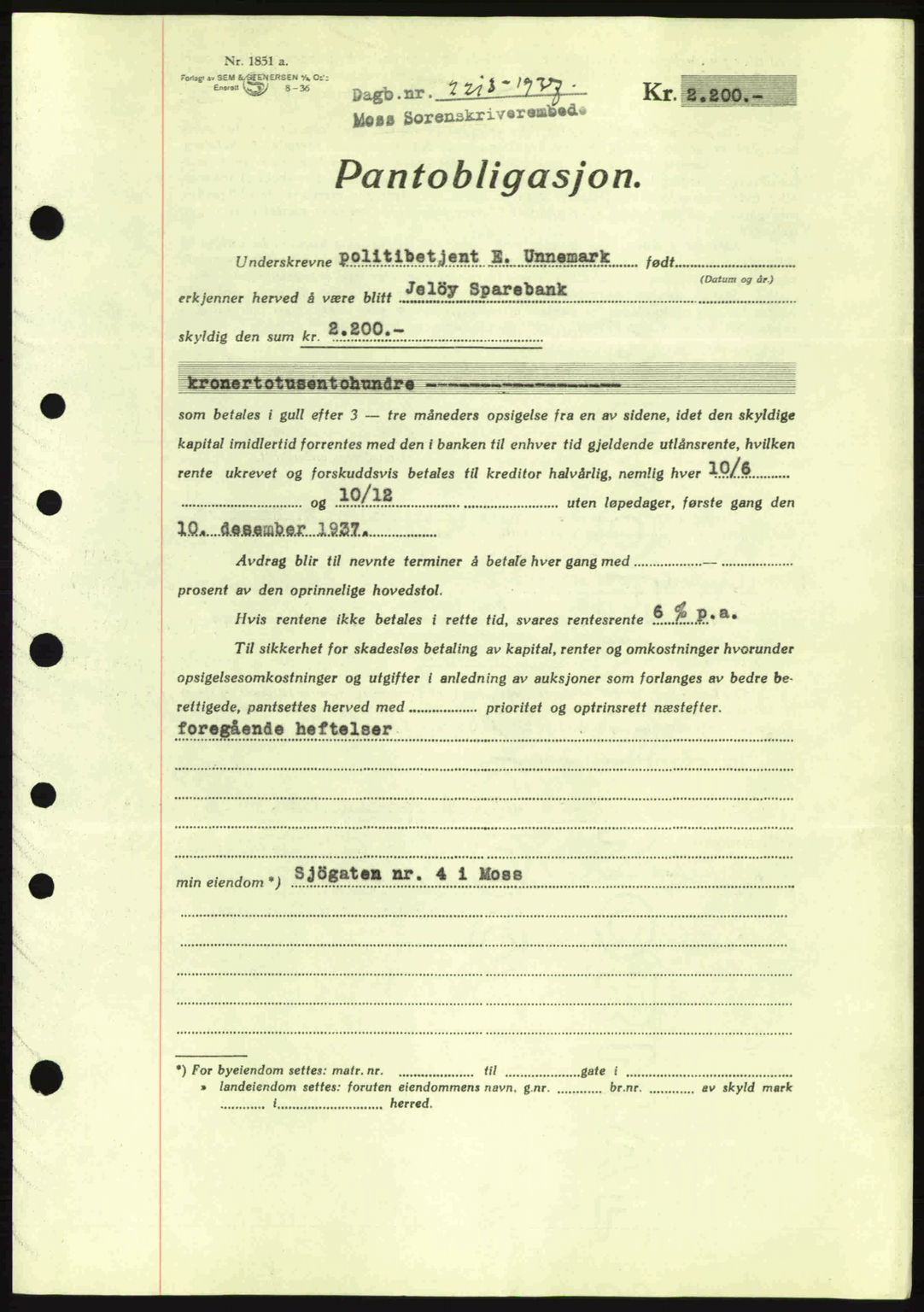 Moss sorenskriveri, SAO/A-10168: Pantebok nr. B4, 1937-1938, Dagboknr: 2213/1937