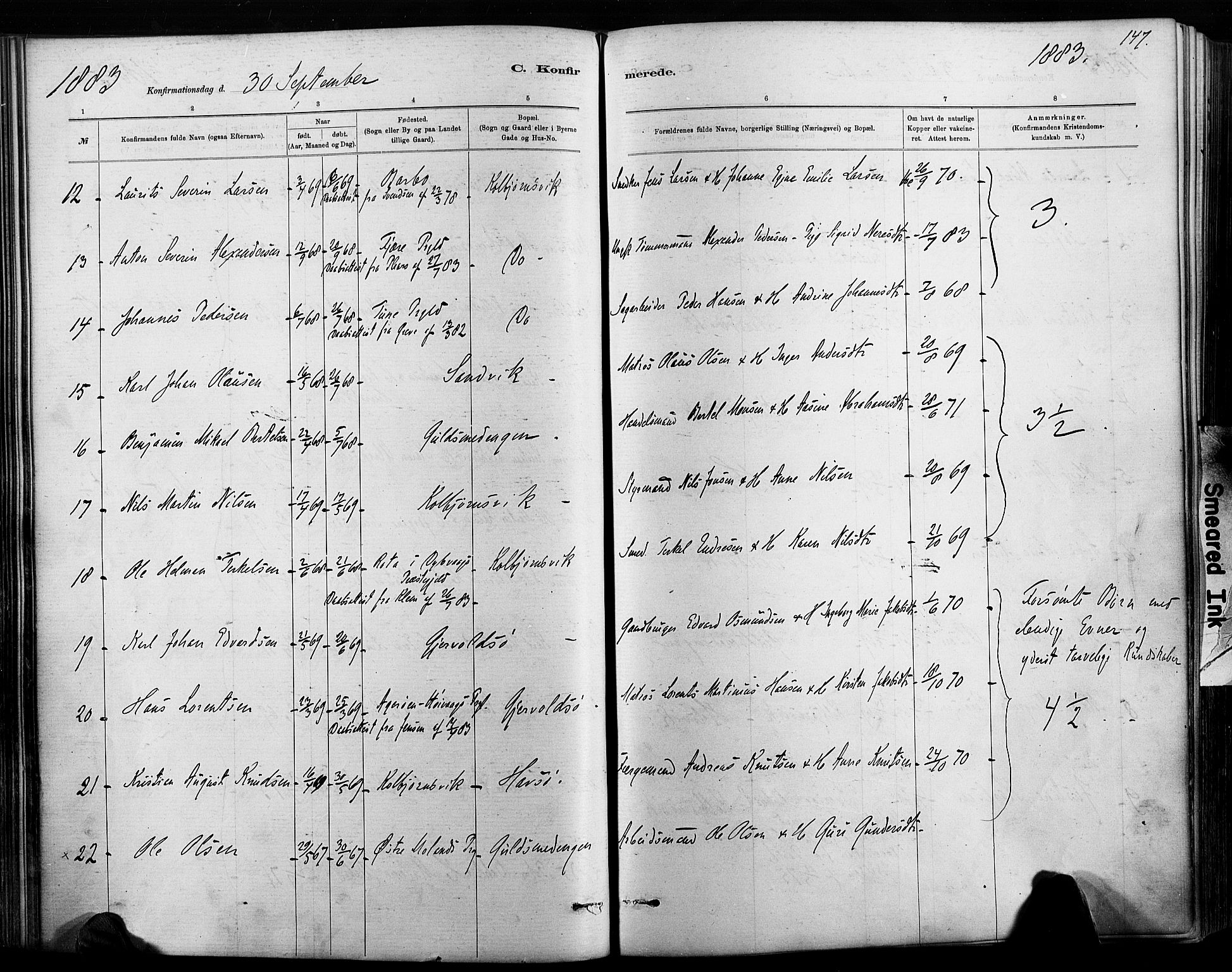 Hisøy sokneprestkontor, AV/SAK-1111-0020/F/Fa/L0003: Ministerialbok nr. A 3, 1881-1894, s. 147