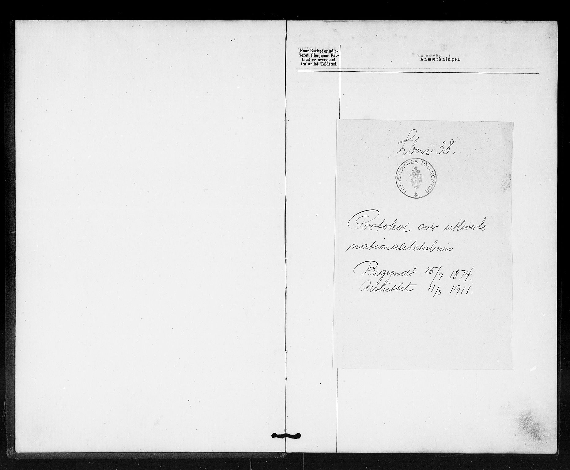 Tvedestrand tollsted, SAK/1351-0011/H/Ha/L0080: Utstedte nasjonalitetsbevis, 1874-1911