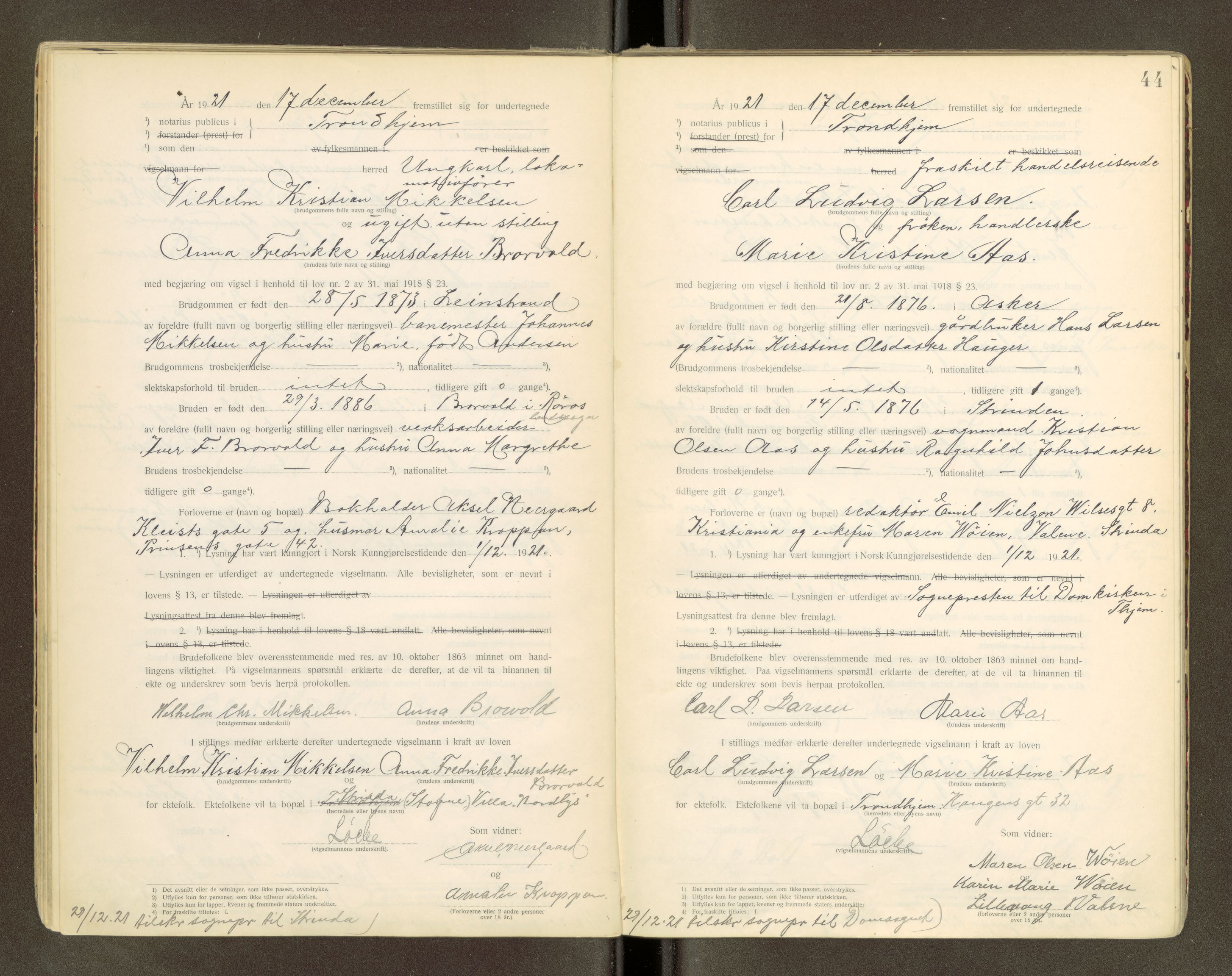 Trondheim byfogd, AV/SAT-A-0003/1/6/6D/L0001: Vigselbøker, 1920-1937, s. 44