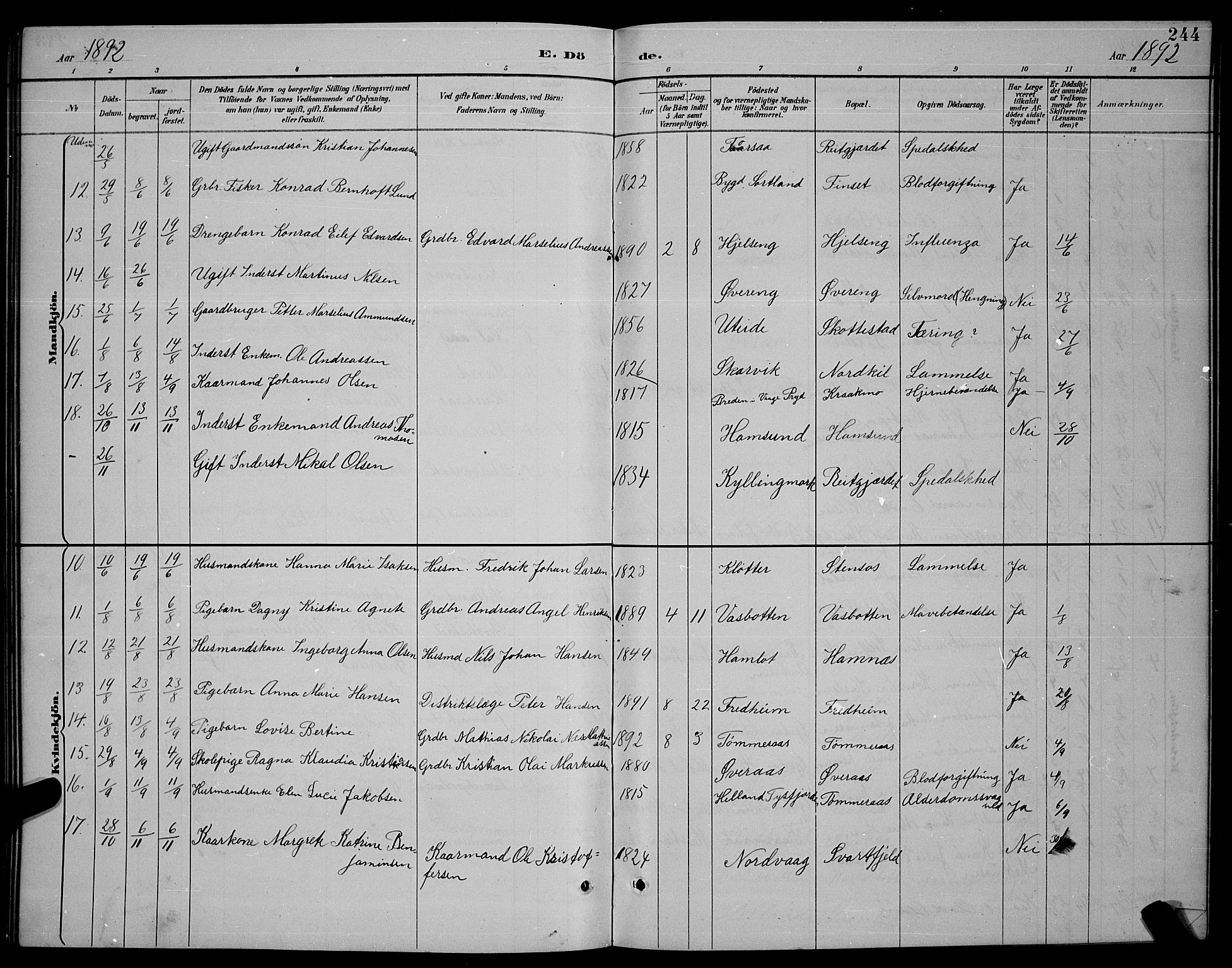 Ministerialprotokoller, klokkerbøker og fødselsregistre - Nordland, SAT/A-1459/859/L0859: Klokkerbok nr. 859C05, 1887-1898, s. 244