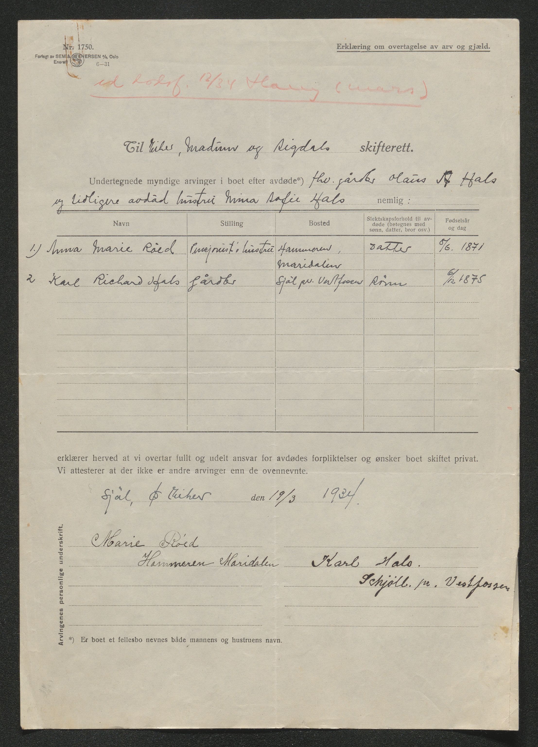 Eiker, Modum og Sigdal sorenskriveri, AV/SAKO-A-123/H/Ha/Hab/L0049: Dødsfallsmeldinger, 1934, s. 286