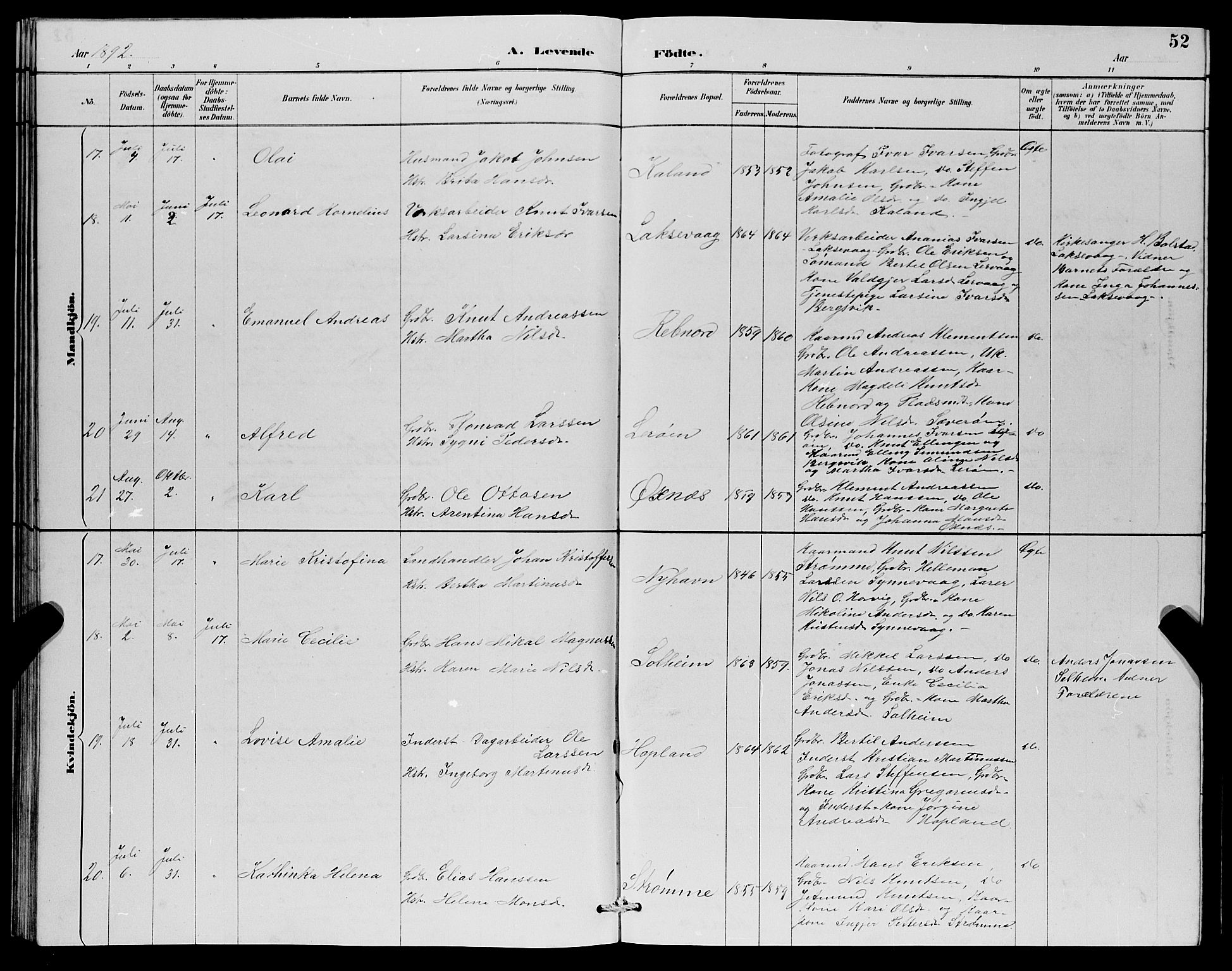 Lindås Sokneprestembete, AV/SAB-A-76701/H/Hab/Habc/L0003: Klokkerbok nr. C 3, 1886-1893, s. 52