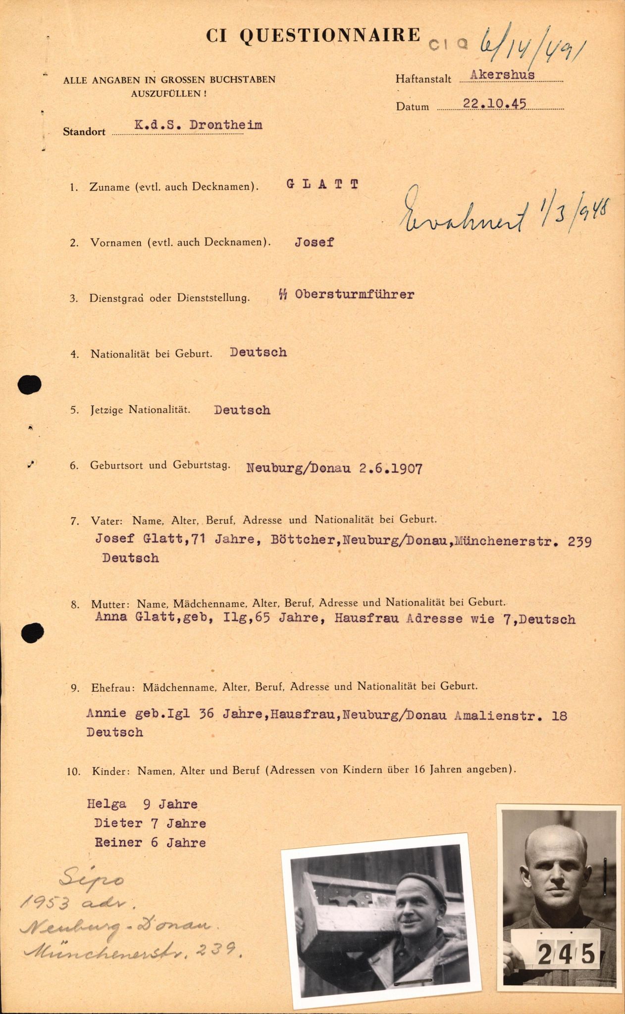 Forsvaret, Forsvarets overkommando II, AV/RA-RAFA-3915/D/Db/L0009: CI Questionaires. Tyske okkupasjonsstyrker i Norge. Tyskere., 1945-1946, s. 511