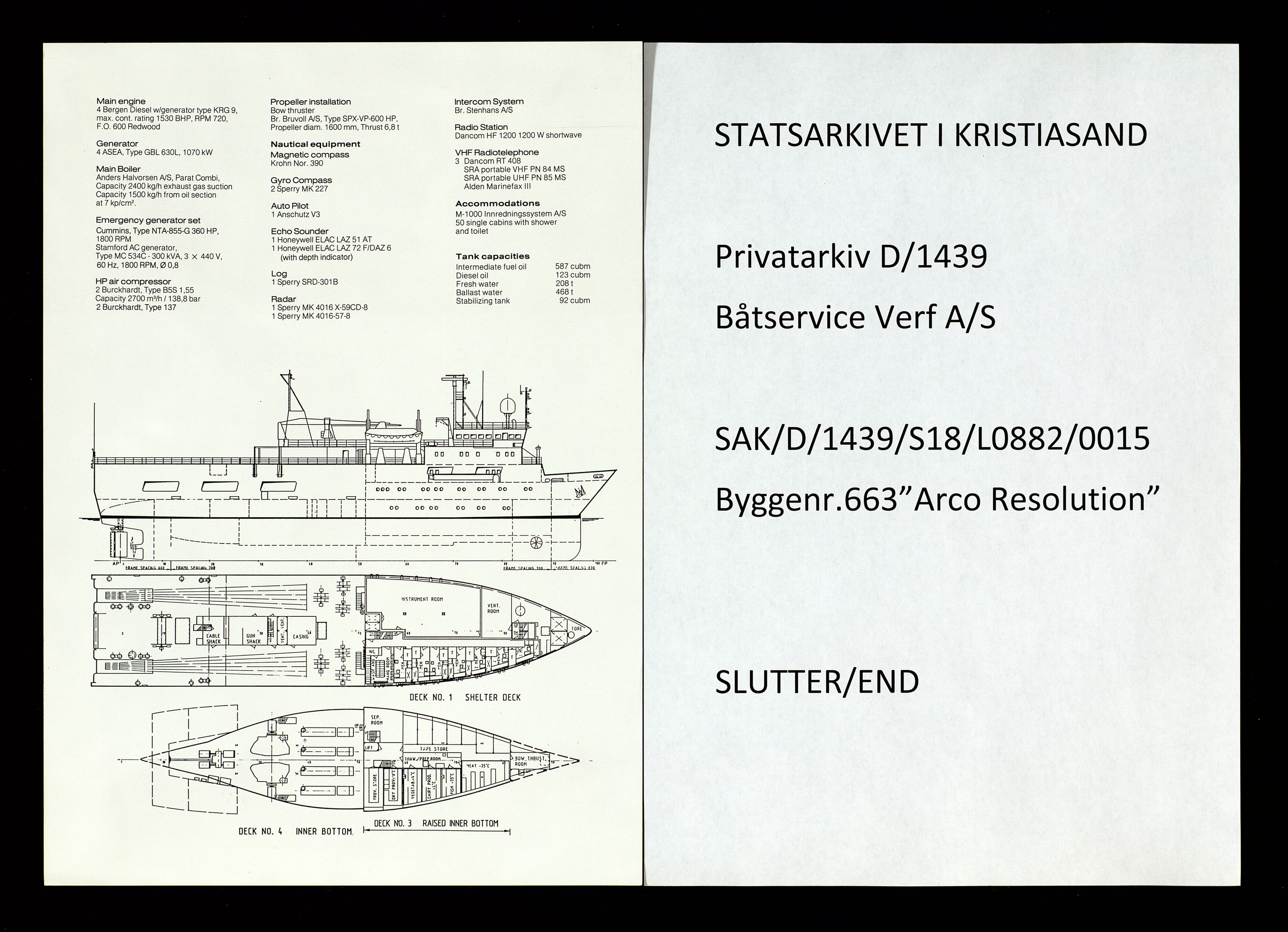 Båtservice Verft A/S, AV/SAK-D/1439/S18/L0882/0045: Reklame, jubileumsbok, historikk / Byggenr 663 - "Arco Resolution", 1982