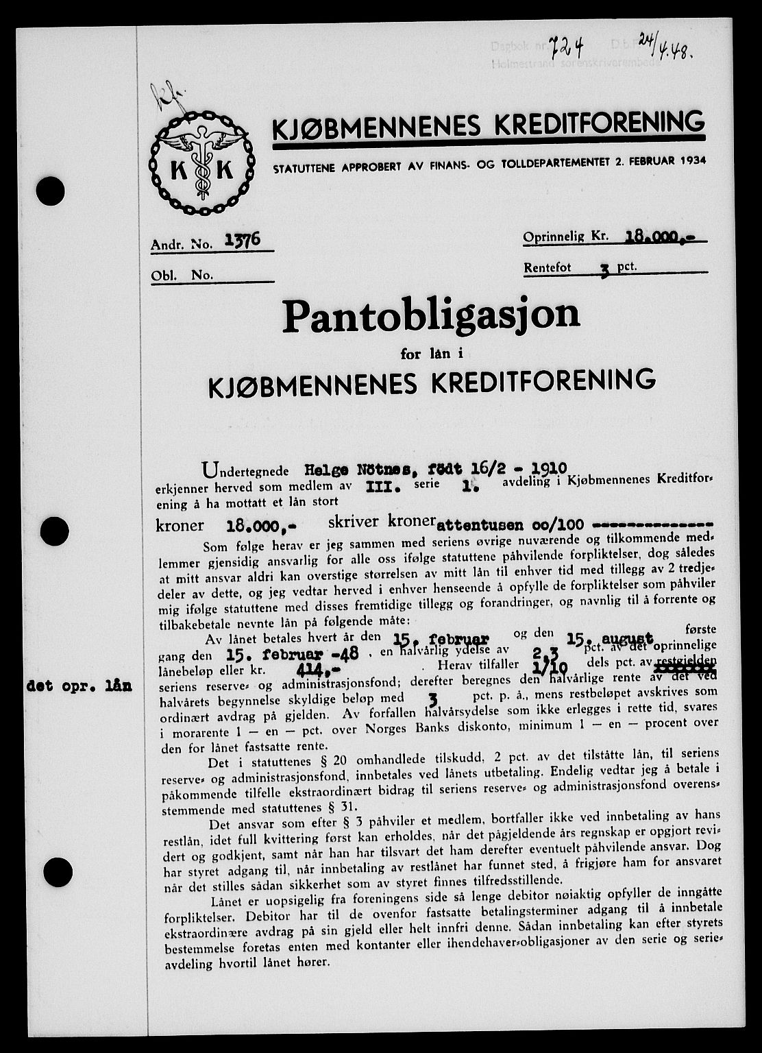 Holmestrand sorenskriveri, SAKO/A-67/G/Ga/Gab/L0058: Pantebok nr. B-58, 1947-1948, Dagboknr: 724/1948