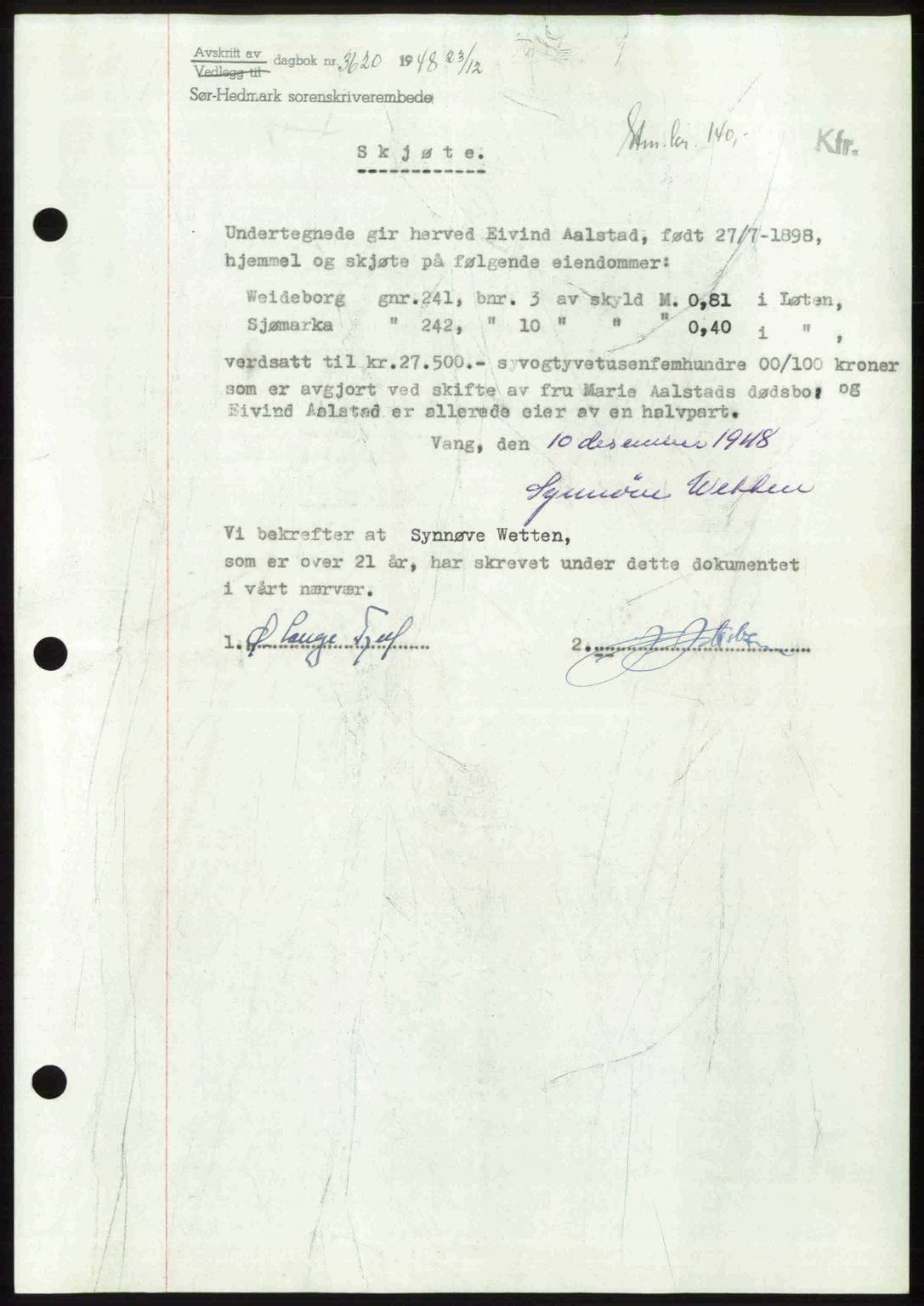 Sør-Hedmark sorenskriveri, SAH/TING-014/H/Hb/Hbd/L0018: Pantebok nr. 18, 1948-1949, Dagboknr: 3620/1948