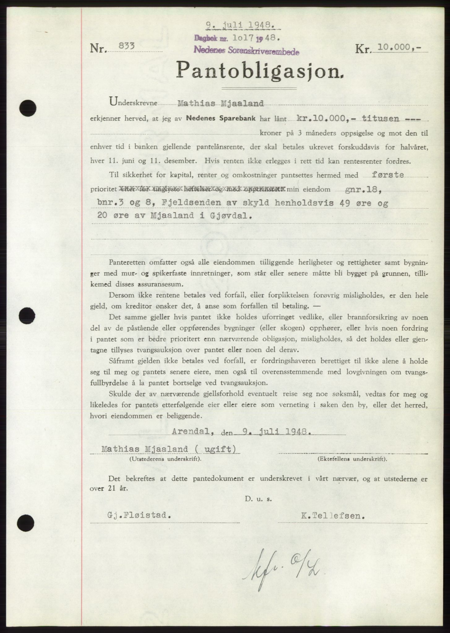 Nedenes sorenskriveri, AV/SAK-1221-0006/G/Gb/Gbb/L0005: Pantebok nr. B5, 1948-1948, Dagboknr: 1017/1948