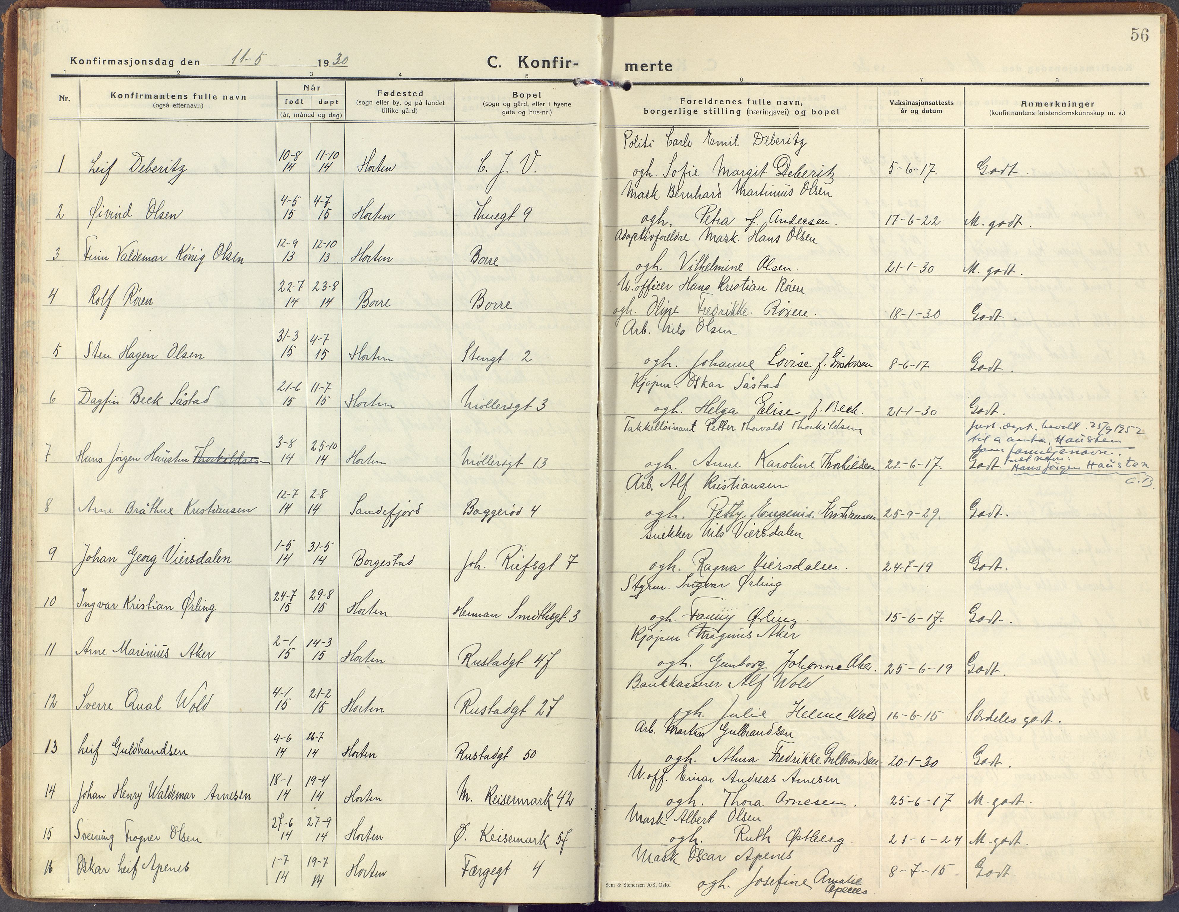 Horten kirkebøker, SAKO/A-348/F/Fa/L0011: Ministerialbok nr. 11, 1926-1937, s. 56