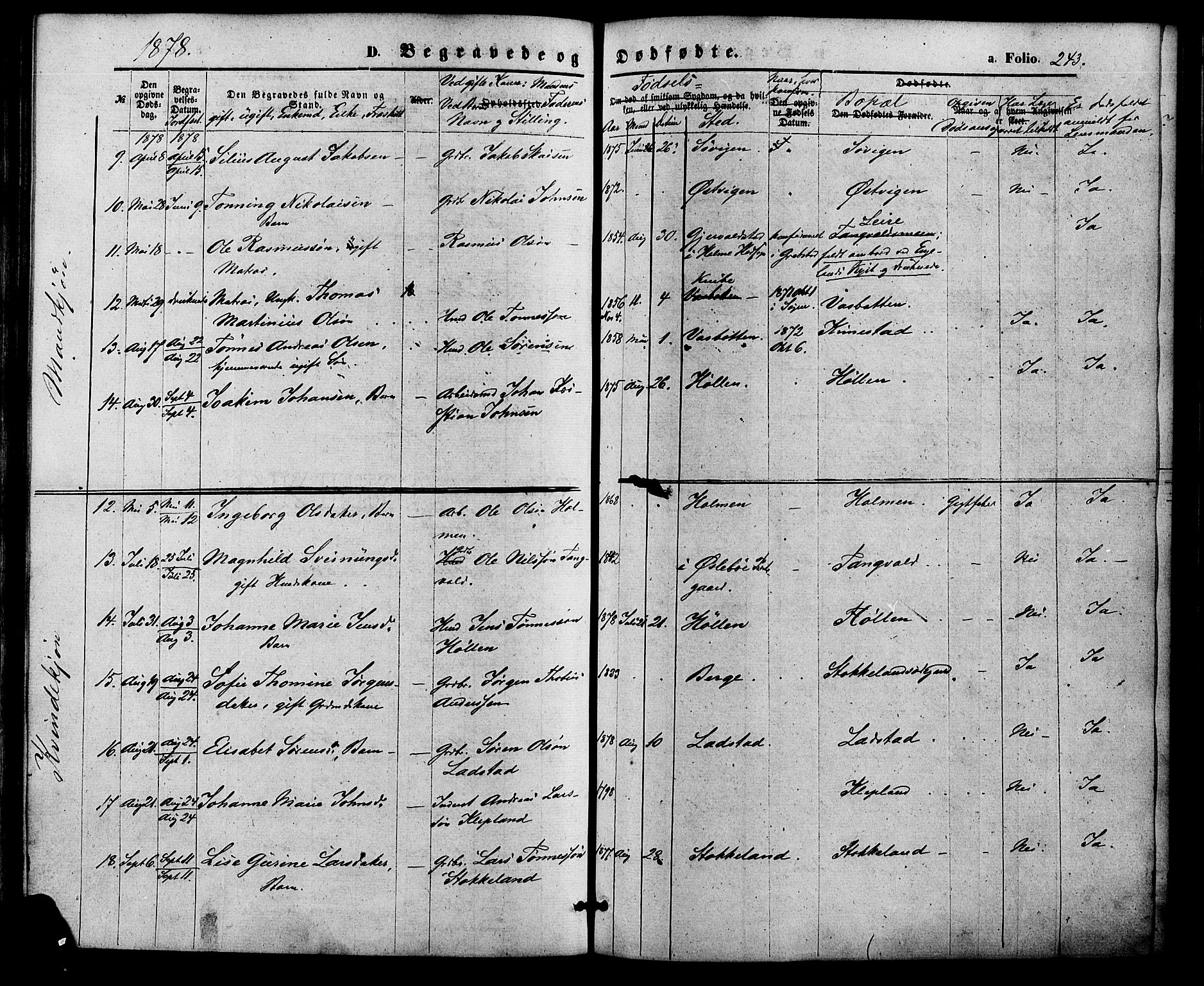 Søgne sokneprestkontor, AV/SAK-1111-0037/F/Fa/Fab/L0011: Ministerialbok nr. A 11, 1869-1879, s. 243