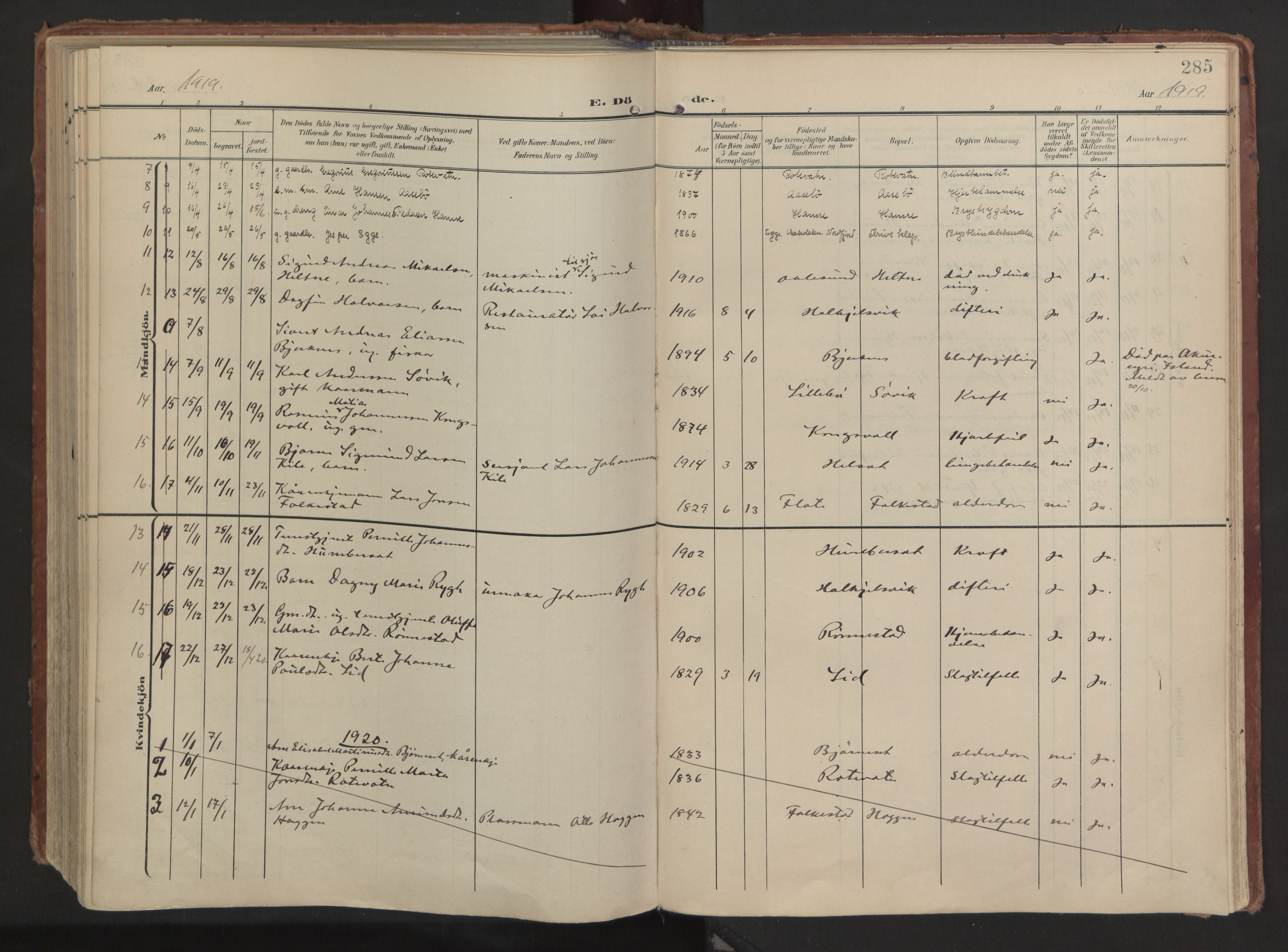 Ministerialprotokoller, klokkerbøker og fødselsregistre - Møre og Romsdal, AV/SAT-A-1454/511/L0144: Ministerialbok nr. 511A11, 1906-1923, s. 285