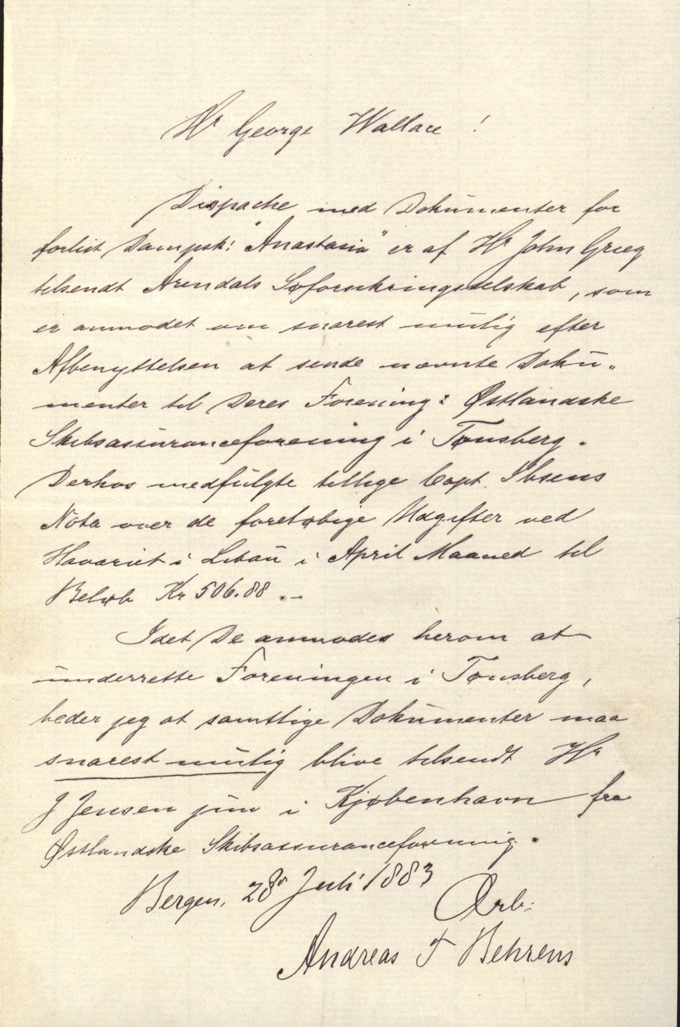 Pa 63 - Østlandske skibsassuranceforening, VEMU/A-1079/G/Ga/L0016/0003: Havaridokumenter / Triton, Bervadors Held, Anastasia, Amicitia, 1883, s. 74