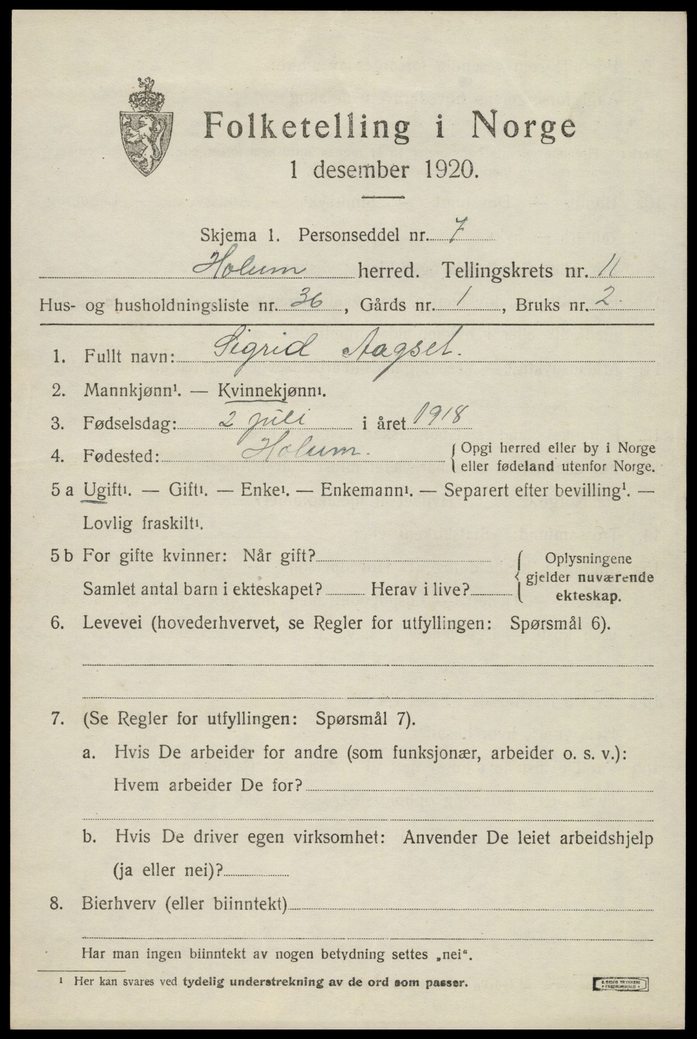 SAK, Folketelling 1920 for 1020 Holum herred, 1920, s. 3099