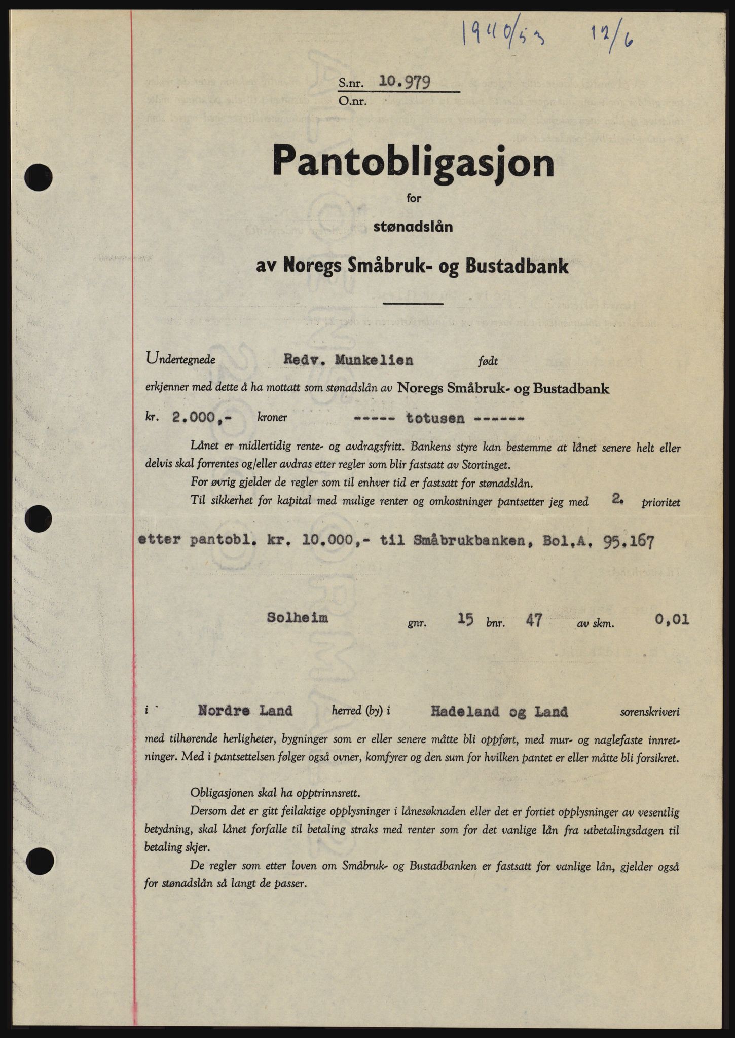 Hadeland og Land tingrett, SAH/TING-010/H/Hb/Hbc/L0027: Pantebok nr. B27, 1953-1953, Dagboknr: 1940/1953