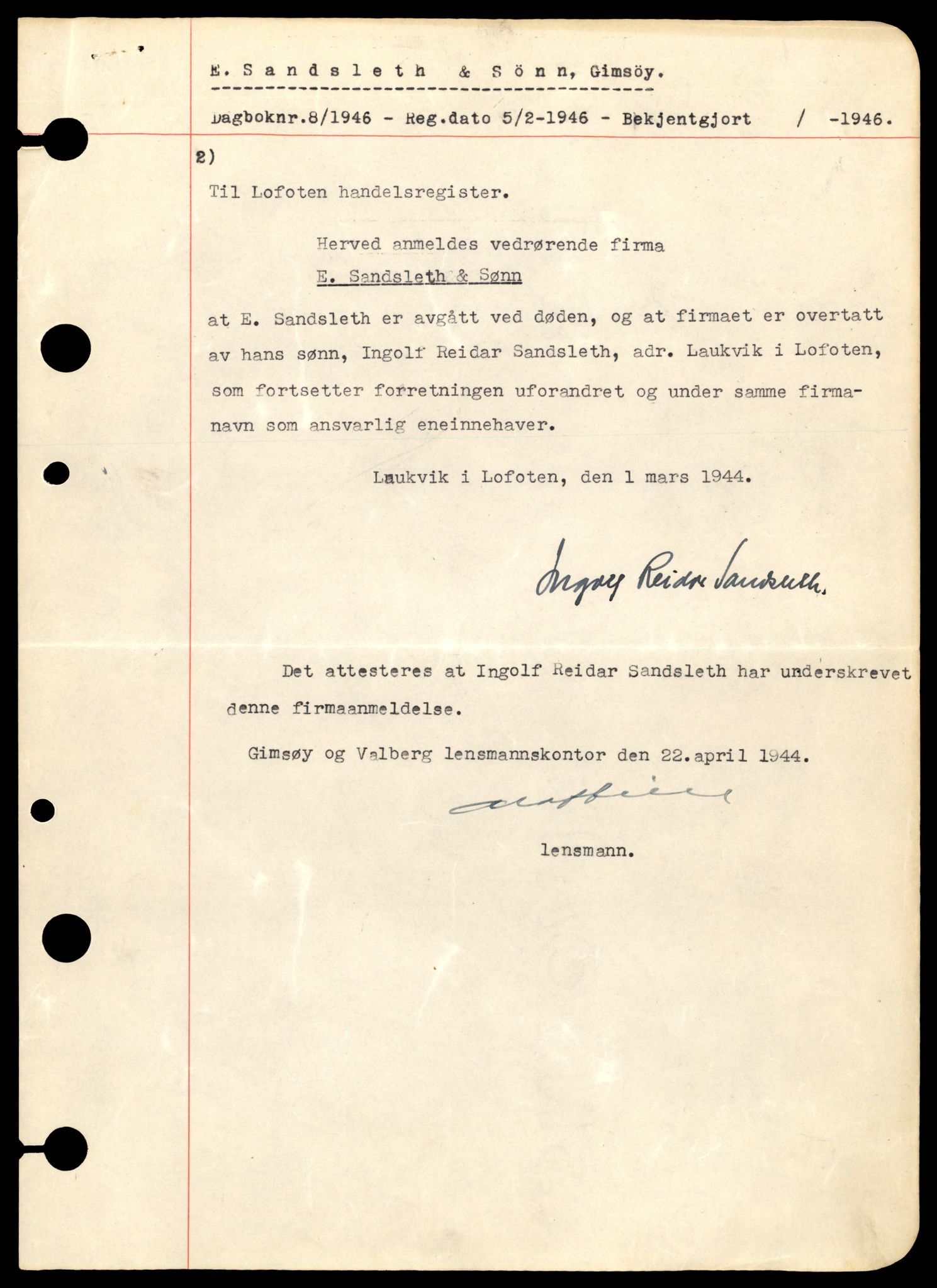 Lofoten sorenskriveri, SAT/A-0017/2/J/Jc/Jcb/L0002: Enkeltmannsforetak og aksjeselskap, 1944-1990, s. 1