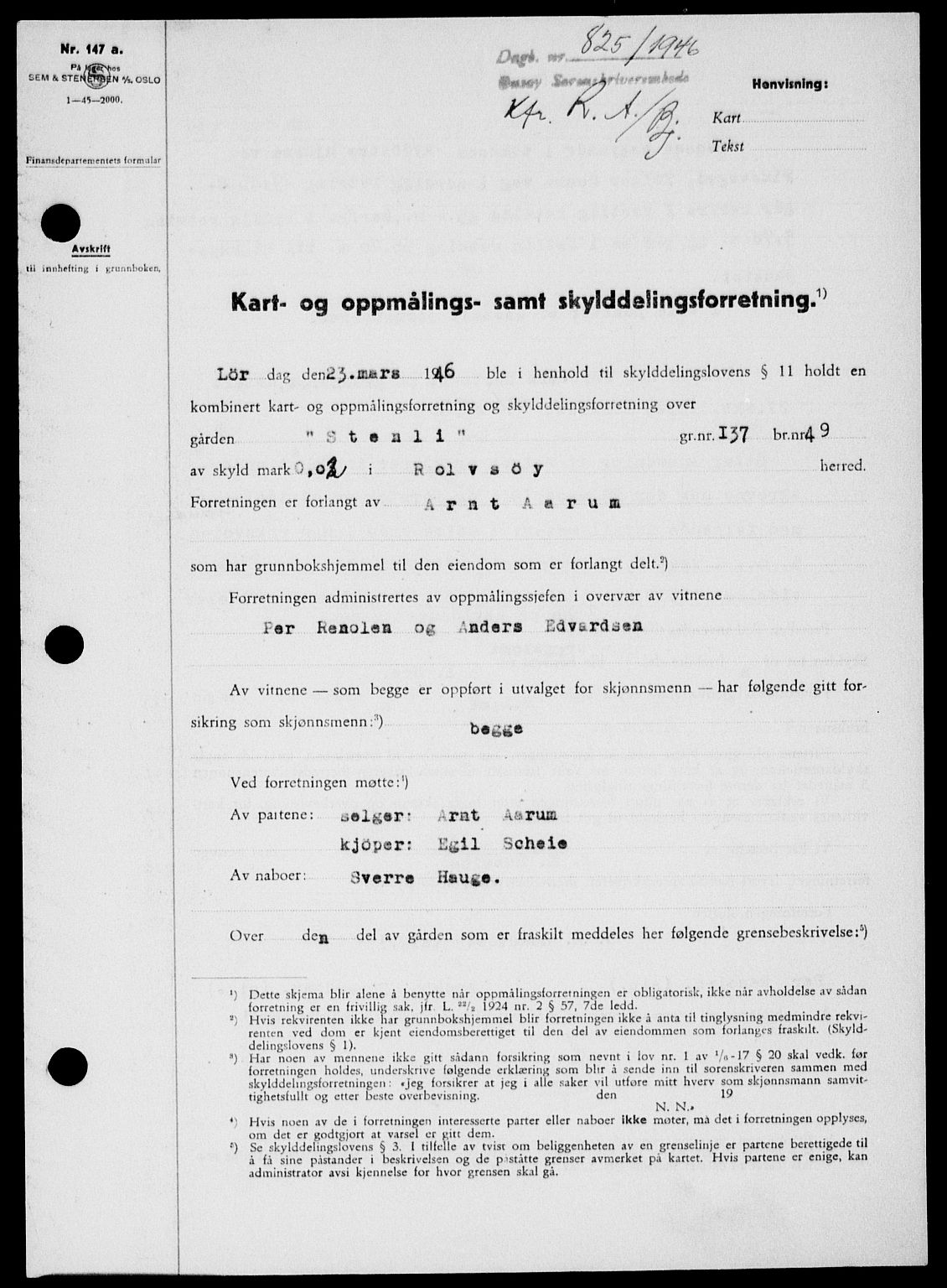 Onsøy sorenskriveri, SAO/A-10474/G/Ga/Gab/L0016: Pantebok nr. II A-16, 1946-1946, Dagboknr: 825/1946