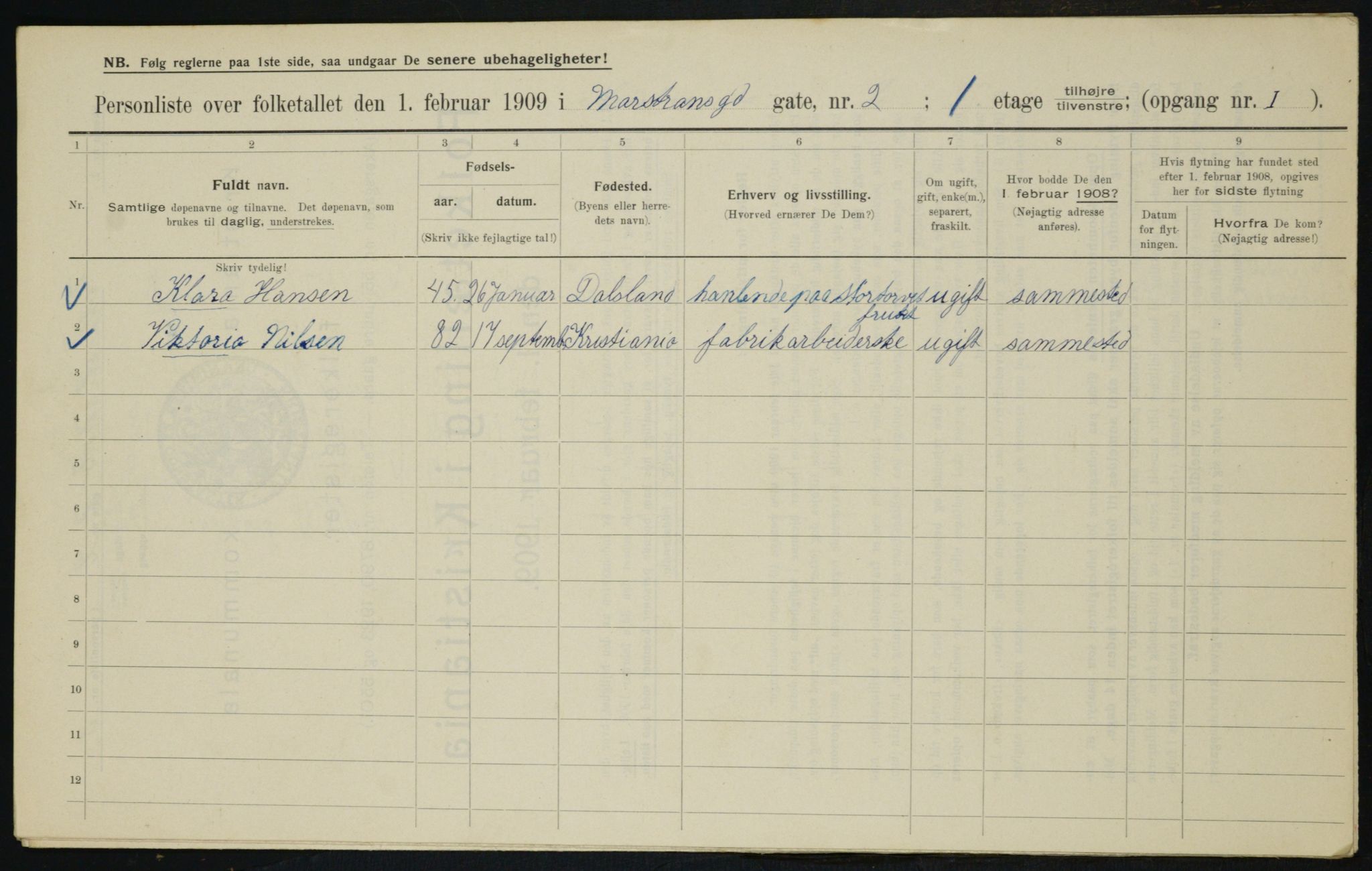 OBA, Kommunal folketelling 1.2.1909 for Kristiania kjøpstad, 1909, s. 58690