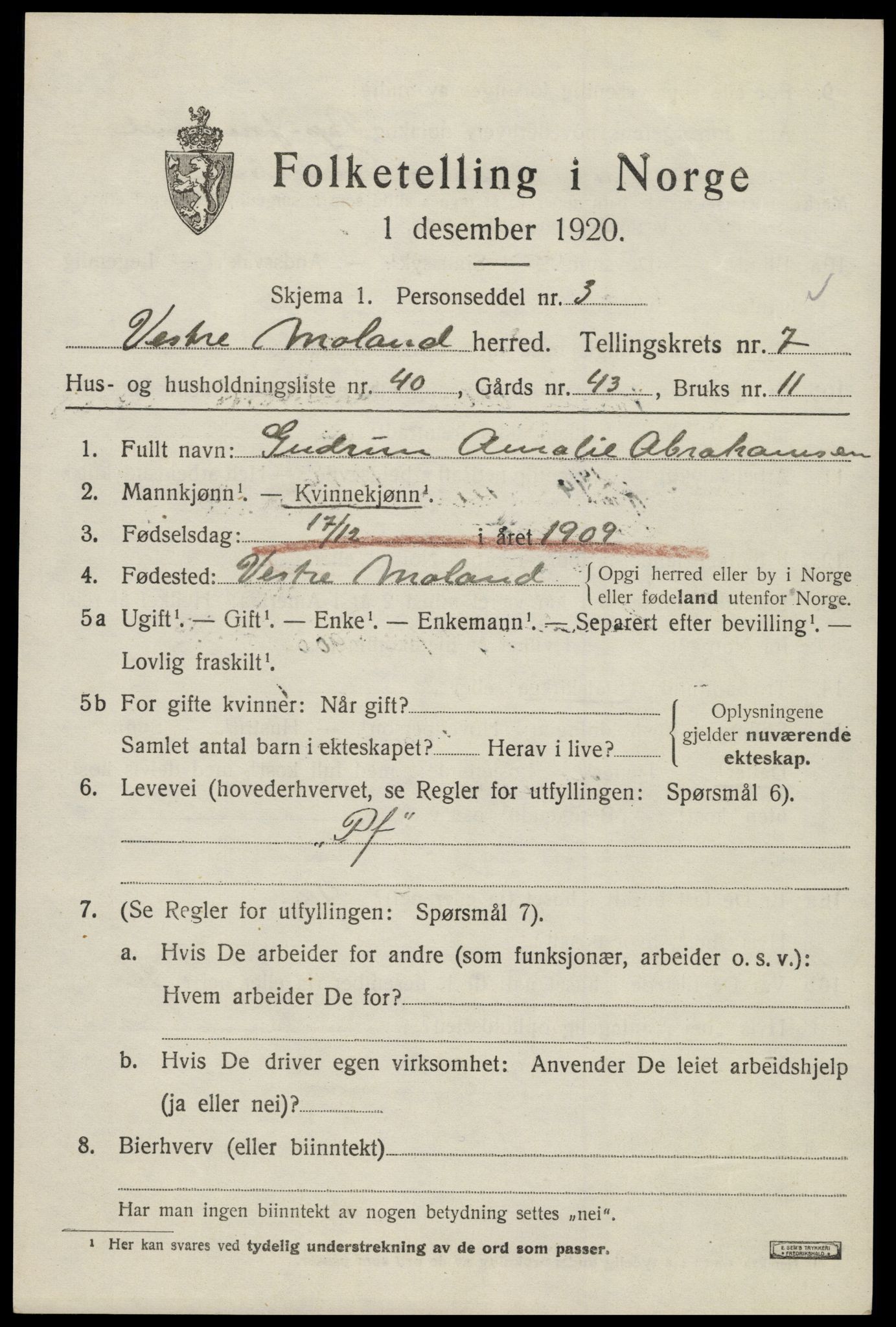 SAK, Folketelling 1920 for 0926 Vestre Moland herred, 1920, s. 5211