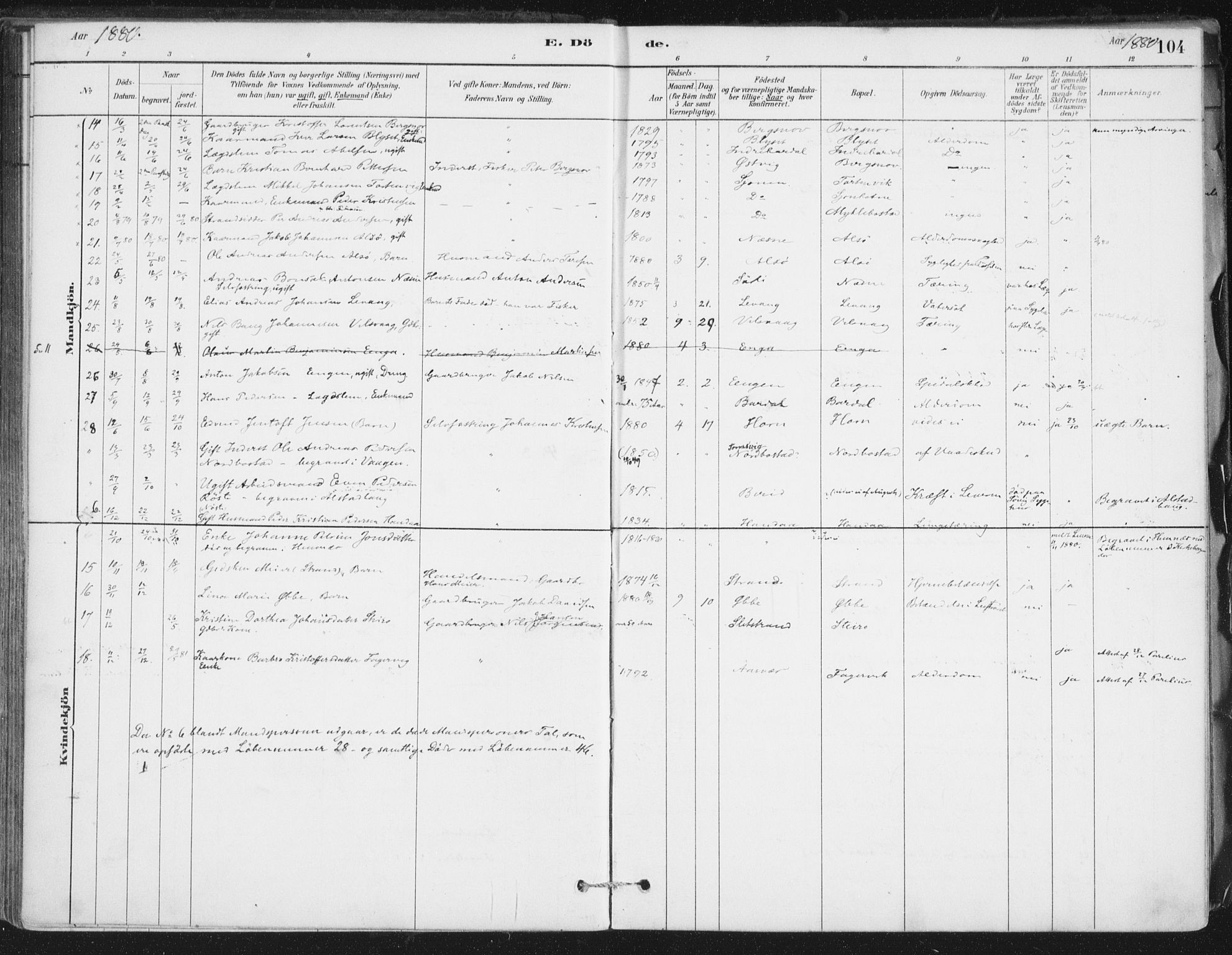 Ministerialprotokoller, klokkerbøker og fødselsregistre - Nordland, AV/SAT-A-1459/838/L0553: Ministerialbok nr. 838A11, 1880-1910, s. 104