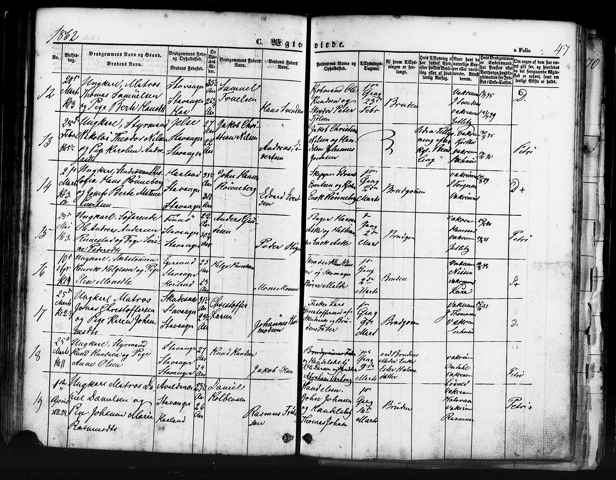 Domkirken sokneprestkontor, AV/SAST-A-101812/001/30/30BB/L0011: Klokkerbok nr. B 11, 1858-1876, s. 47