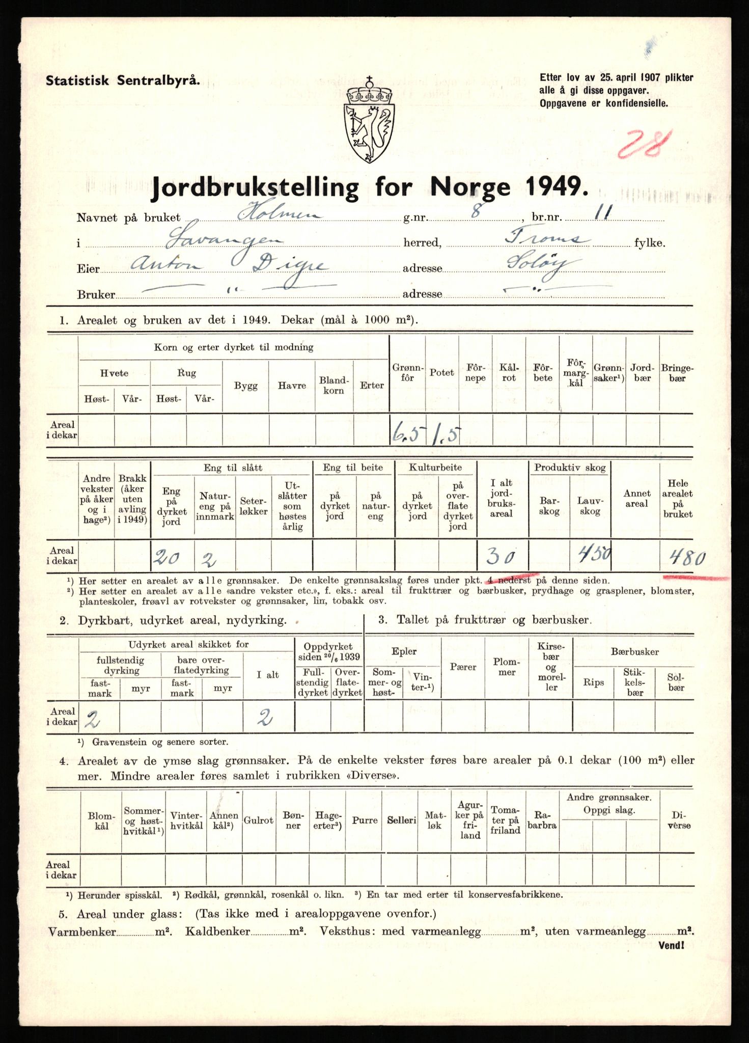 Statistisk sentralbyrå, Næringsøkonomiske emner, Jordbruk, skogbruk, jakt, fiske og fangst, AV/RA-S-2234/G/Gc/L0437: Troms: Gratangen og Lavangen, 1949, s. 161