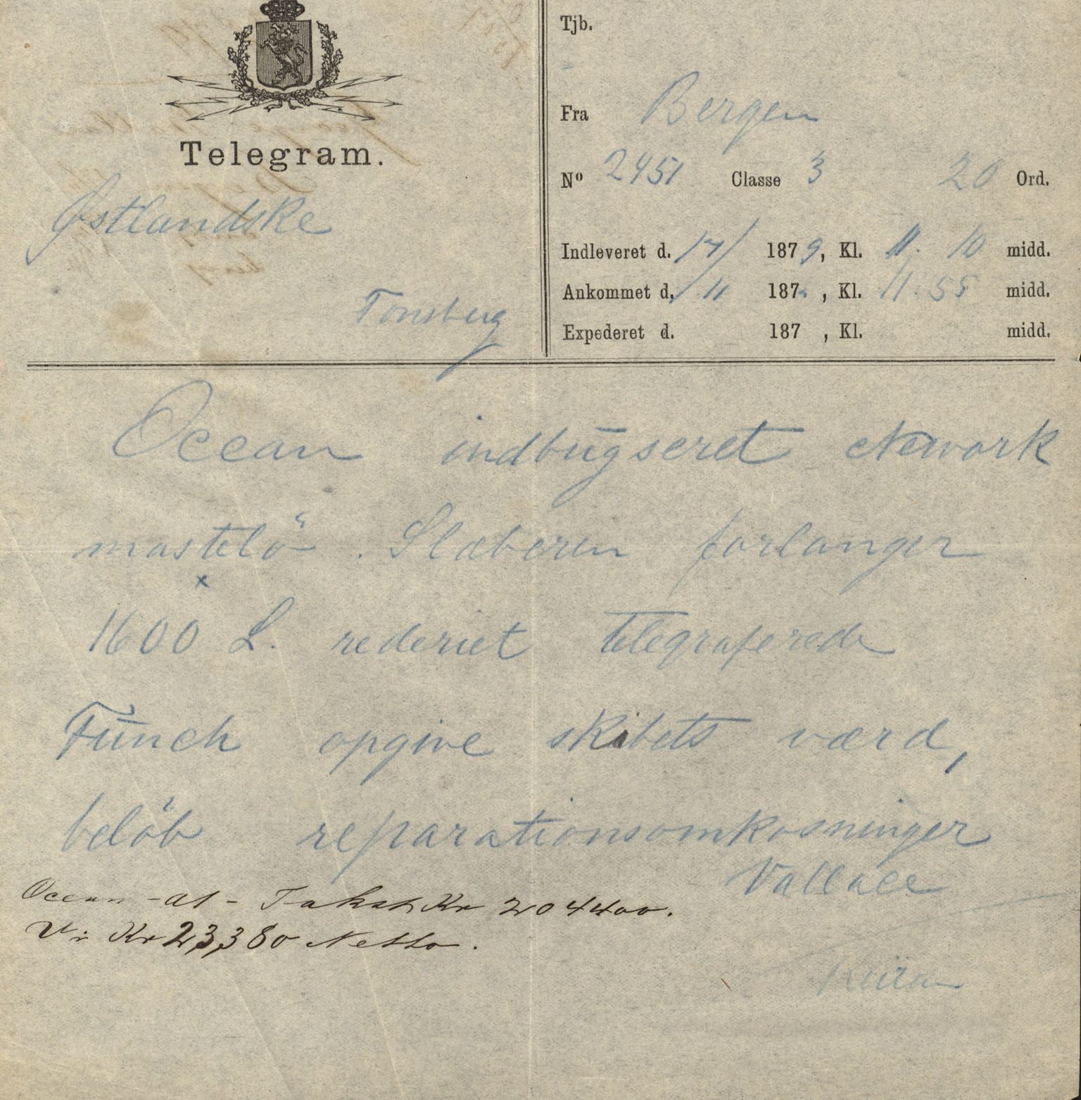 Pa 63 - Østlandske skibsassuranceforening, VEMU/A-1079/G/Ga/L0011/0024: Havaridokumenter / Ocean, 1879