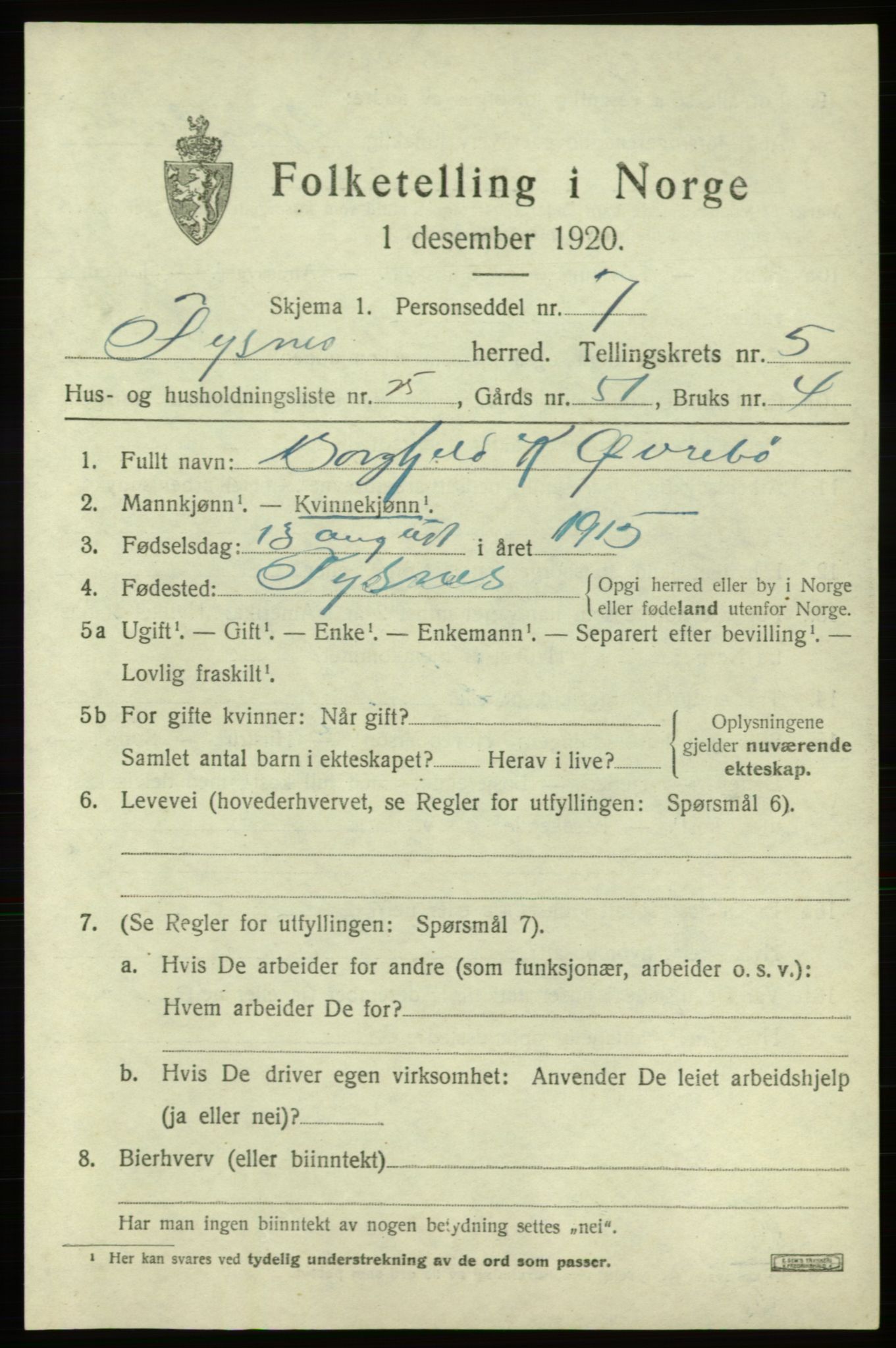 SAB, Folketelling 1920 for 1223 Tysnes herred, 1920, s. 4068