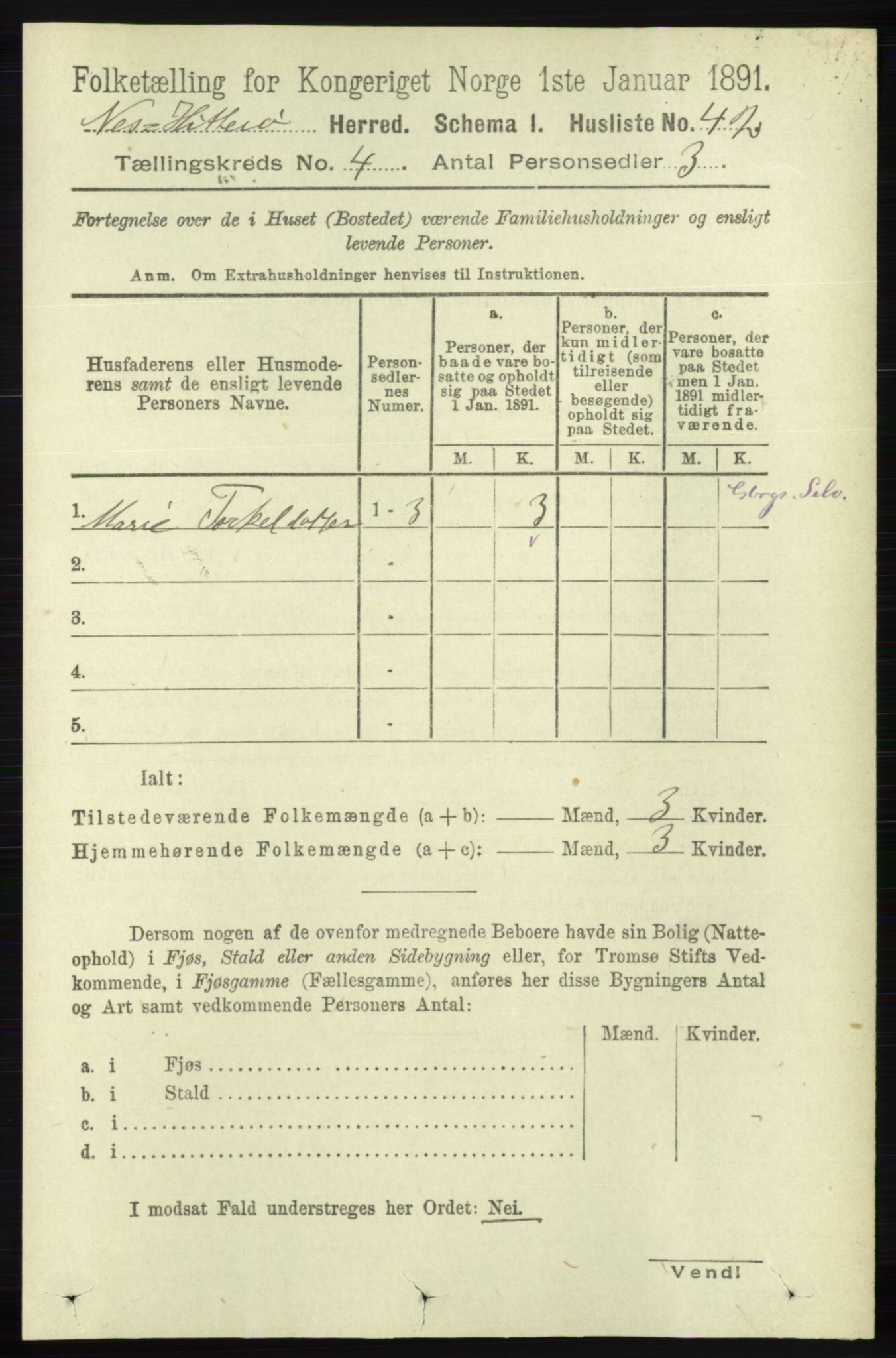 RA, Folketelling 1891 for 1043 Hidra og Nes herred, 1891, s. 1411