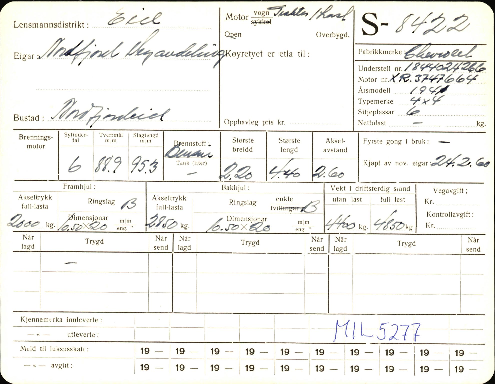 Statens vegvesen, Sogn og Fjordane vegkontor, AV/SAB-A-5301/4/F/L0006: Registerkort utmeldte Fjordane S8300-9500, 1930-1961, s. 199