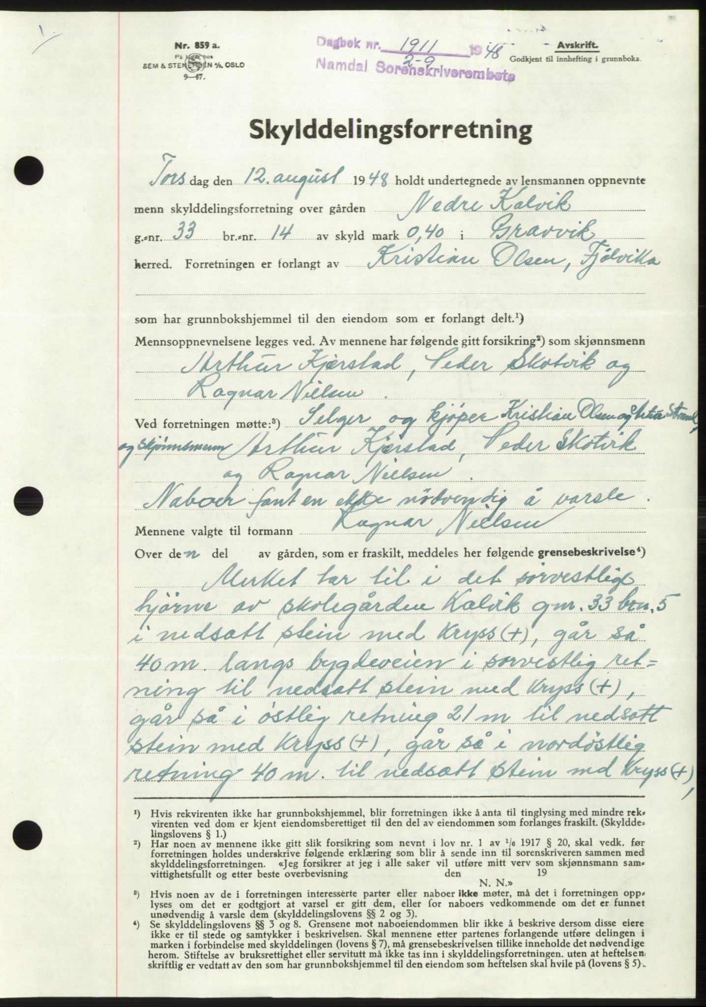 Namdal sorenskriveri, SAT/A-4133/1/2/2C: Pantebok nr. -, 1948-1948, Dagboknr: 1911/1948