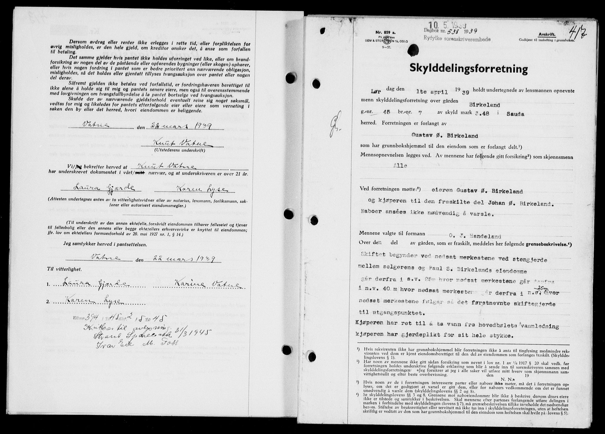 Ryfylke tingrett, SAST/A-100055/001/II/IIB/L0079: Pantebok nr. 58, 1939-1939, Dagboknr: 538/1939