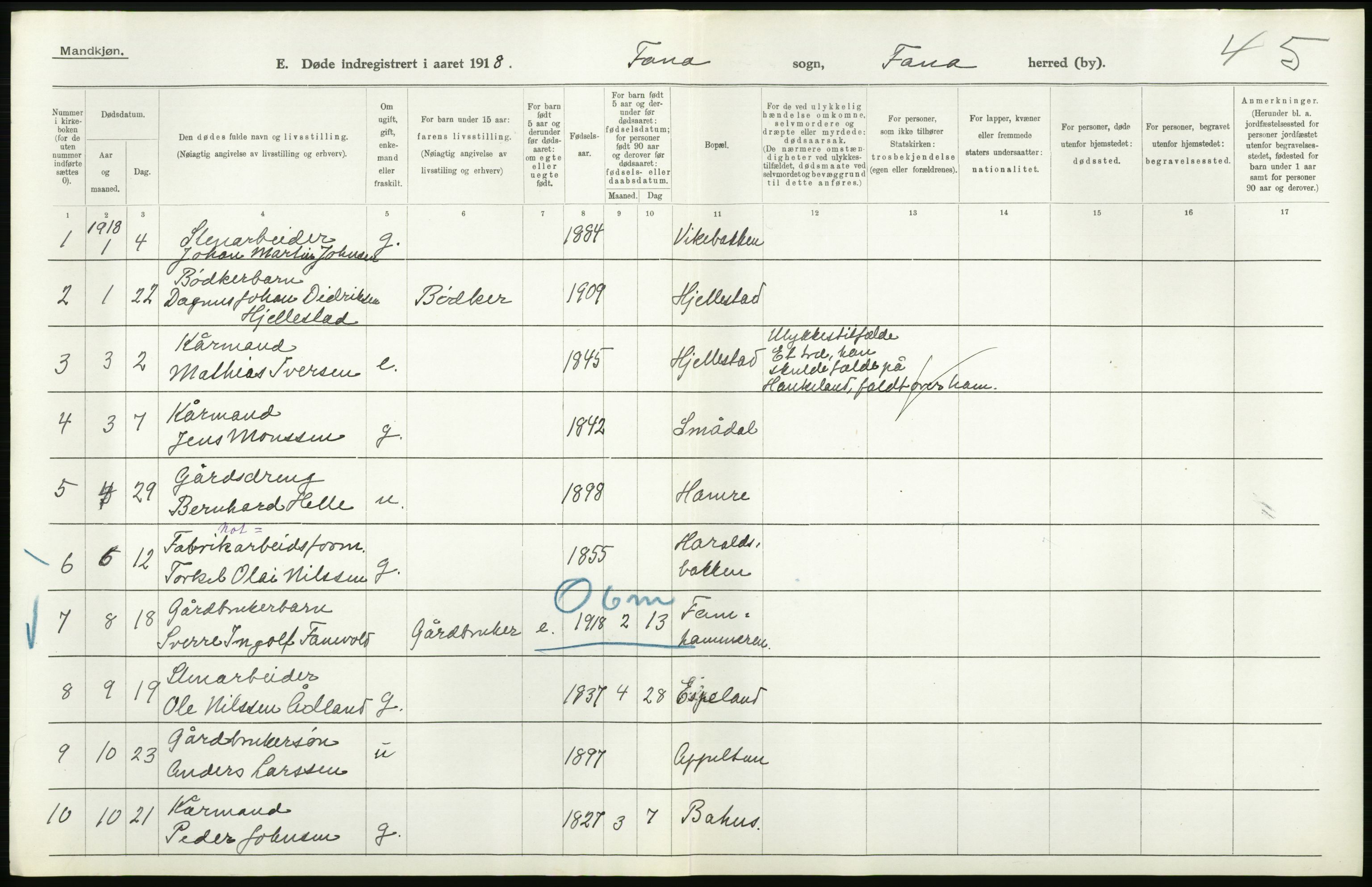 Statistisk sentralbyrå, Sosiodemografiske emner, Befolkning, AV/RA-S-2228/D/Df/Dfb/Dfbh/L0036: Hordaland fylke: Døde., 1918, s. 150