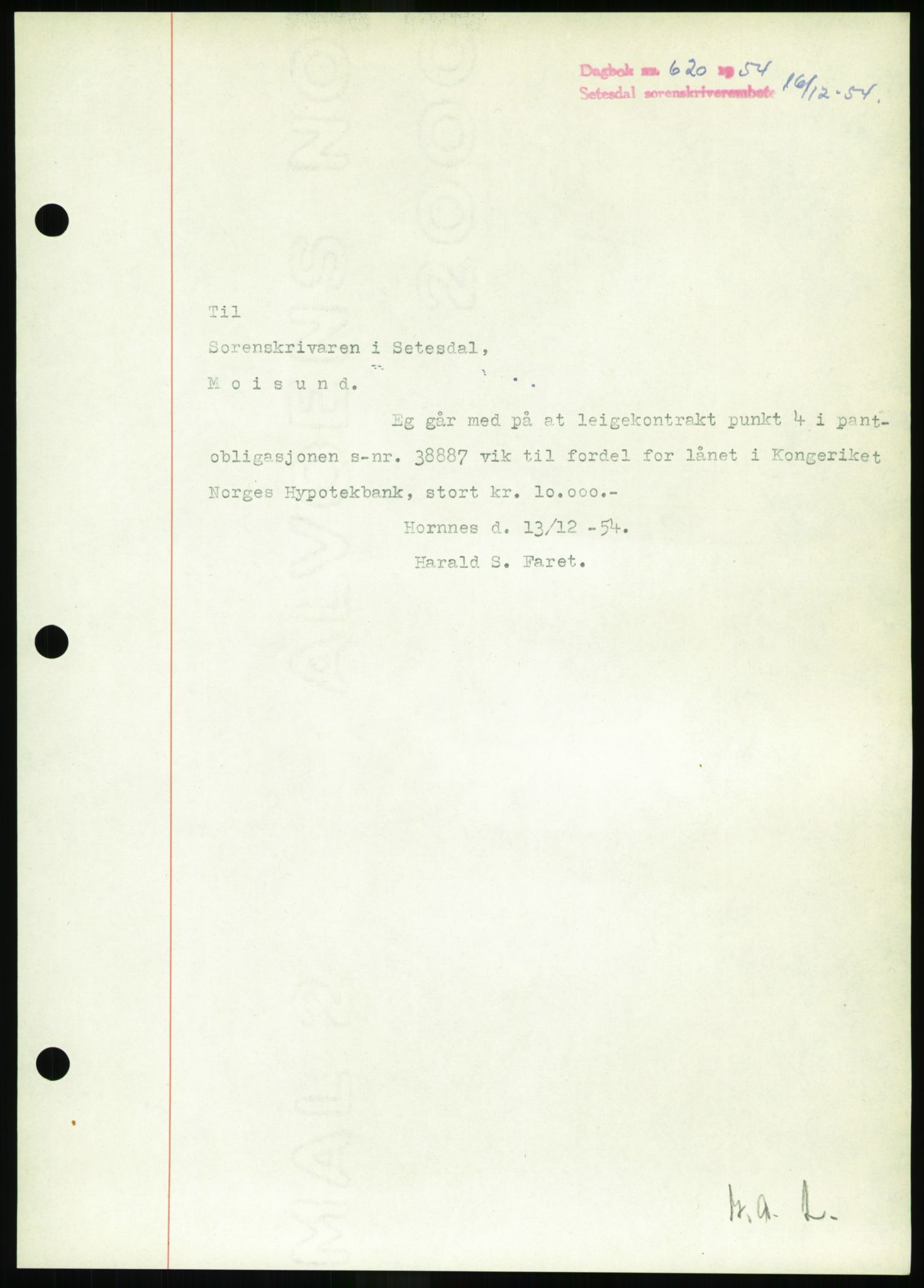 Setesdal sorenskriveri, SAK/1221-0011/G/Gb/L0052: Pantebok nr. B 40, 1954-1955, Dagboknr: 620/1954